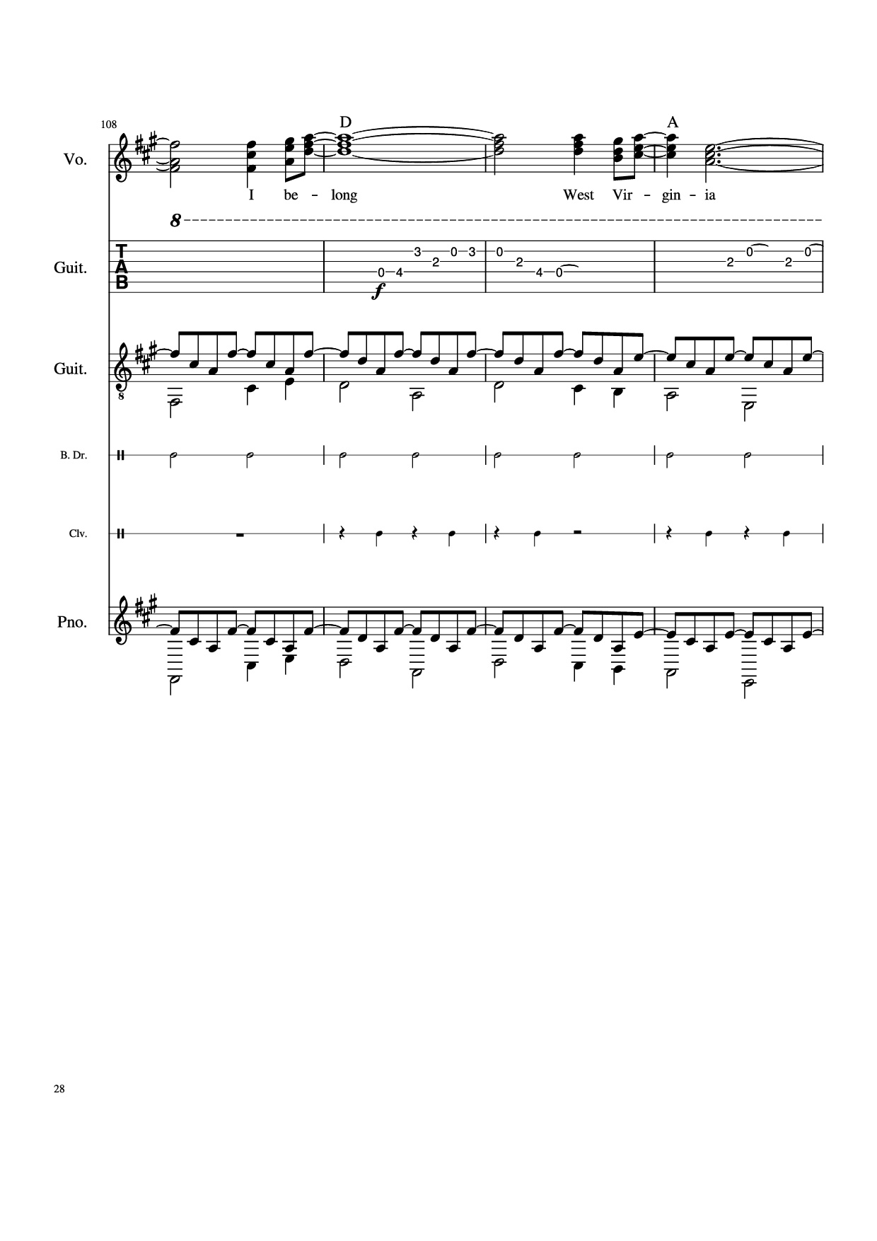 Page 28 of the piano sheet music PDF Piano Guitar Tab – Take Me Home, Country Roads Piano by John Denver, Bill Danoff, et al