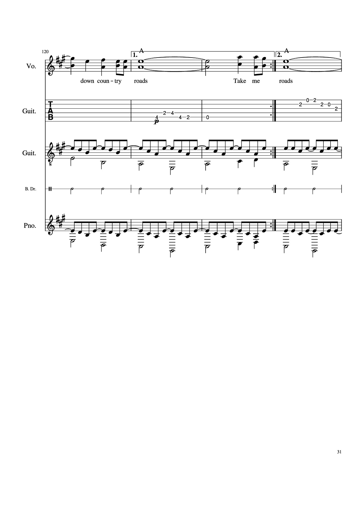 Page 31 of the piano sheet music PDF Piano Guitar Tab – Take Me Home, Country Roads Piano by John Denver, Bill Danoff, et al