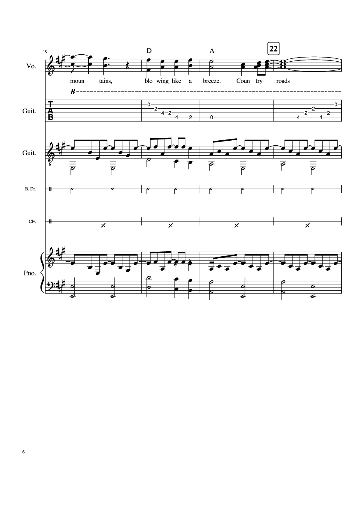 Page 6 of the piano sheet music PDF Piano Guitar Tab – Take Me Home, Country Roads Piano by John Denver, Bill Danoff, et al