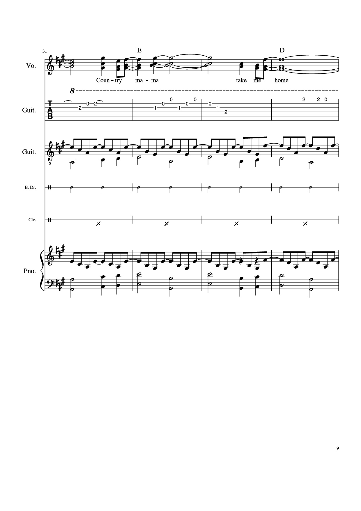 Page 9 of the piano sheet music PDF Piano Guitar Tab – Take Me Home, Country Roads Piano by John Denver, Bill Danoff, et al