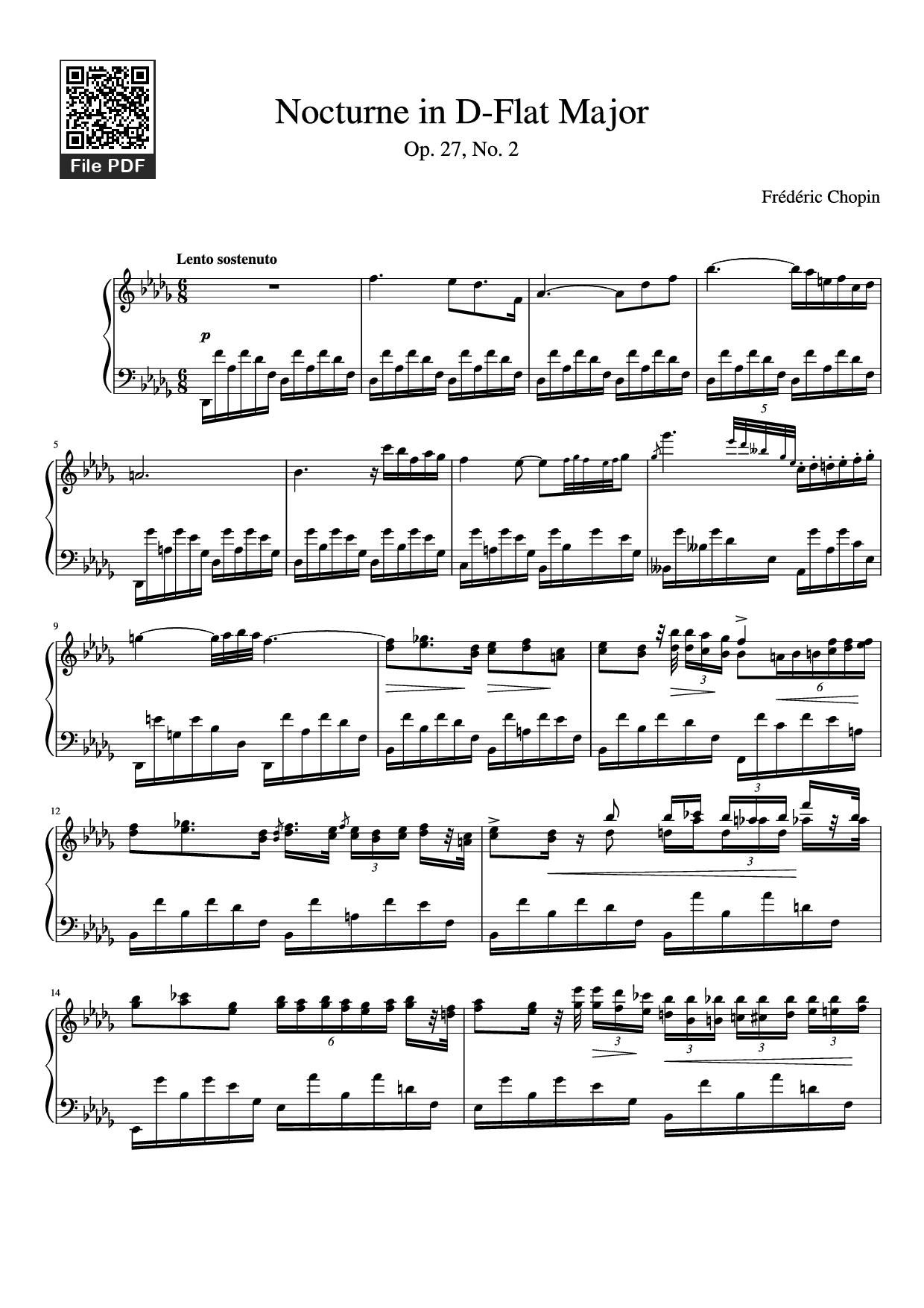 Page 1 of the piano sheet music PDF Piano – Nocturne in D-Flat Major Piano by Frédéric Chopin