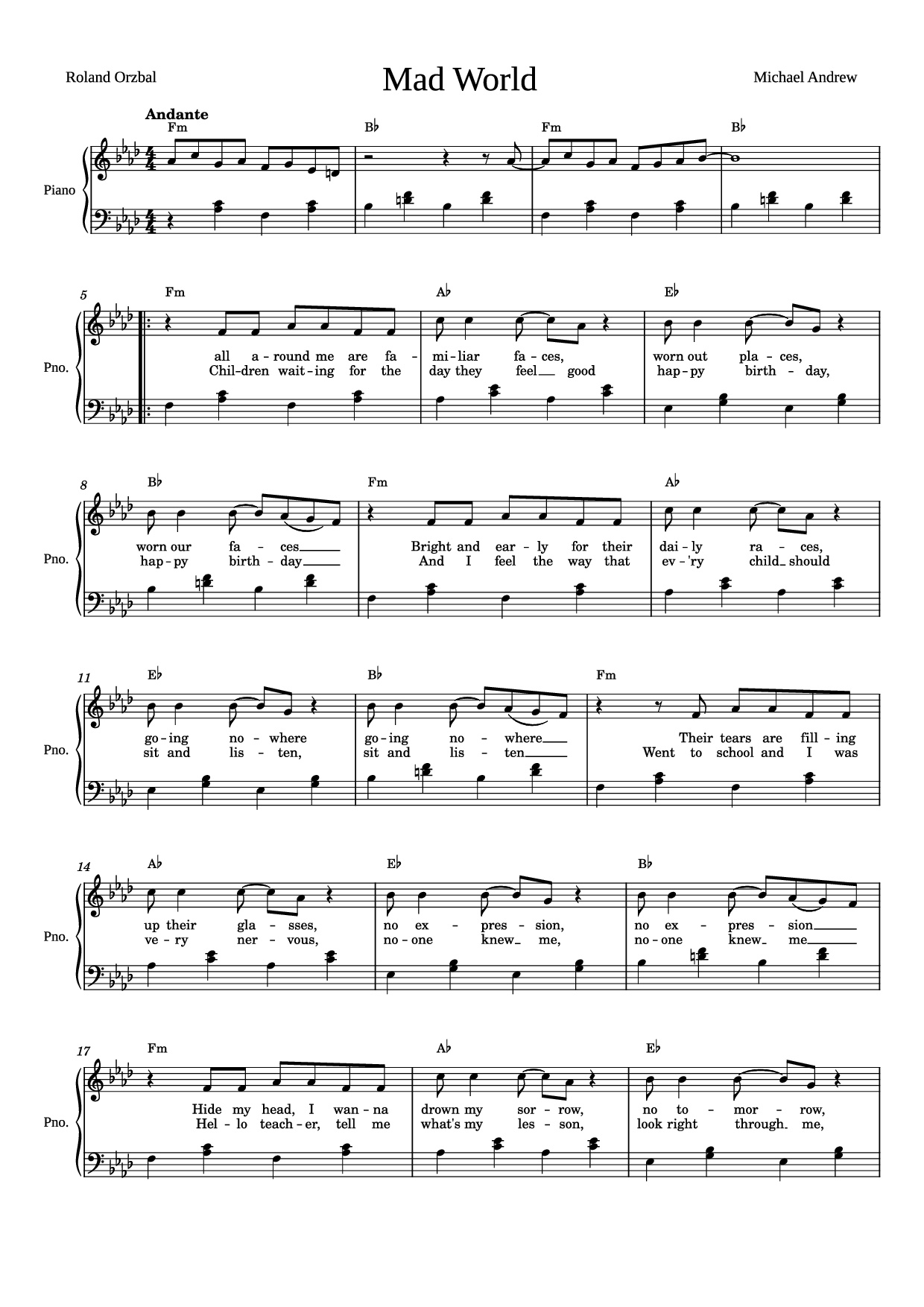 Page 1 of the piano sheet music PDF Piano – Mad World Piano by Michael Andrew