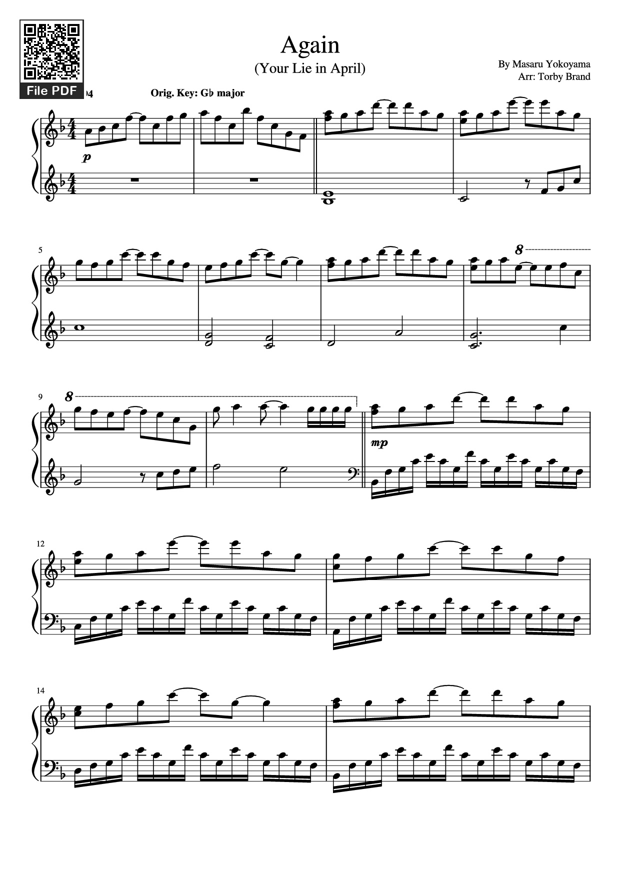 Page 1 of the piano sheet music PDF Piano – Again (Your lie in April) Piano by Masaru Yokoyama