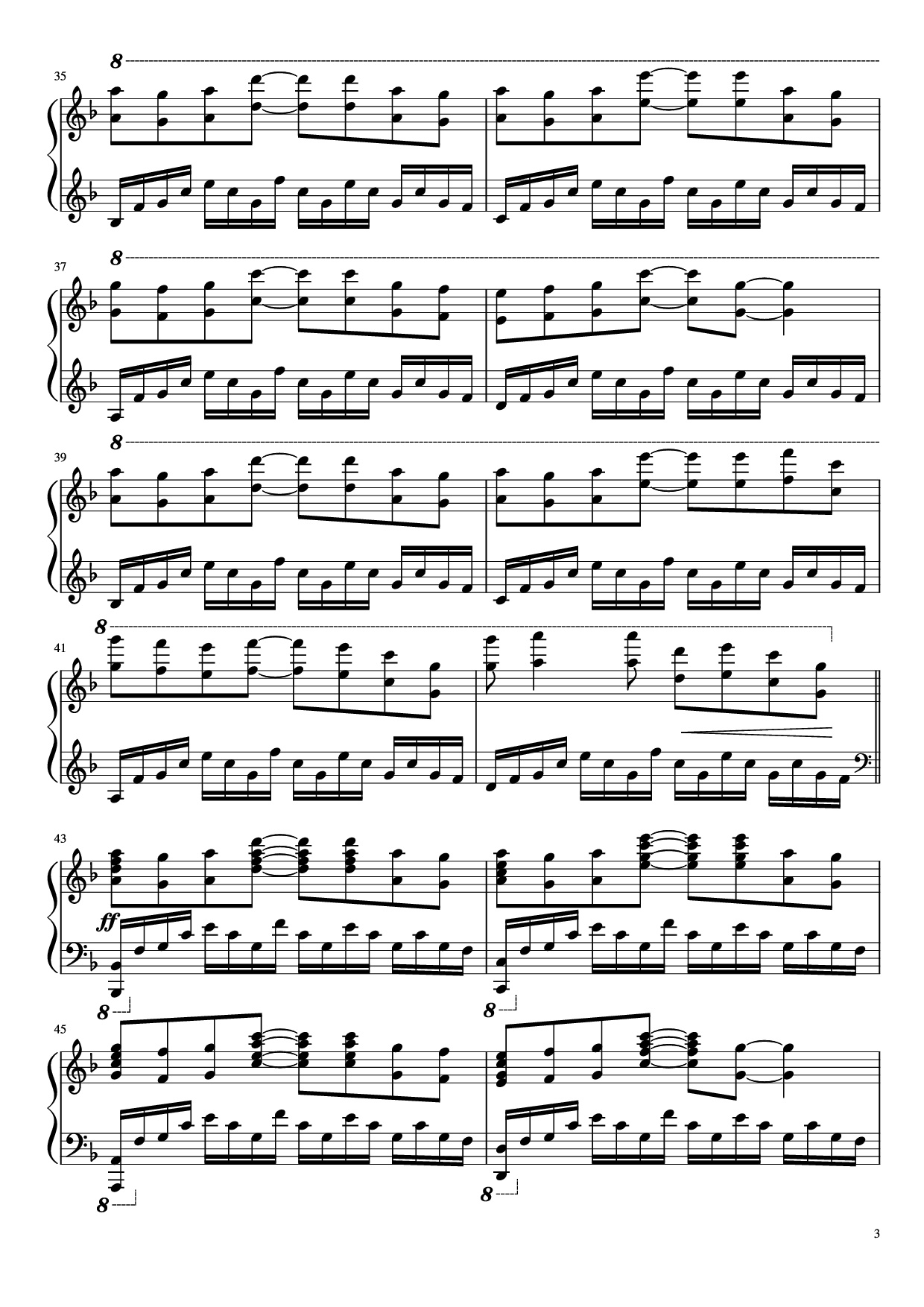 Page 3 of the piano sheet music PDF Piano – Again (Your lie in April) Piano by Masaru Yokoyama