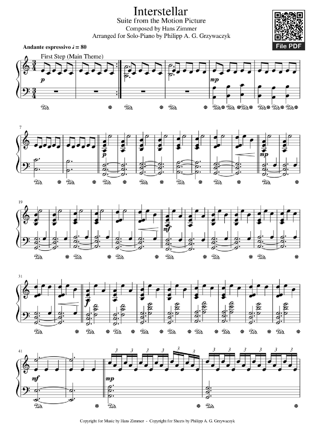 Page 1 of the piano sheet music PDF Piano – Interstellar Piano by Hans Zimmer