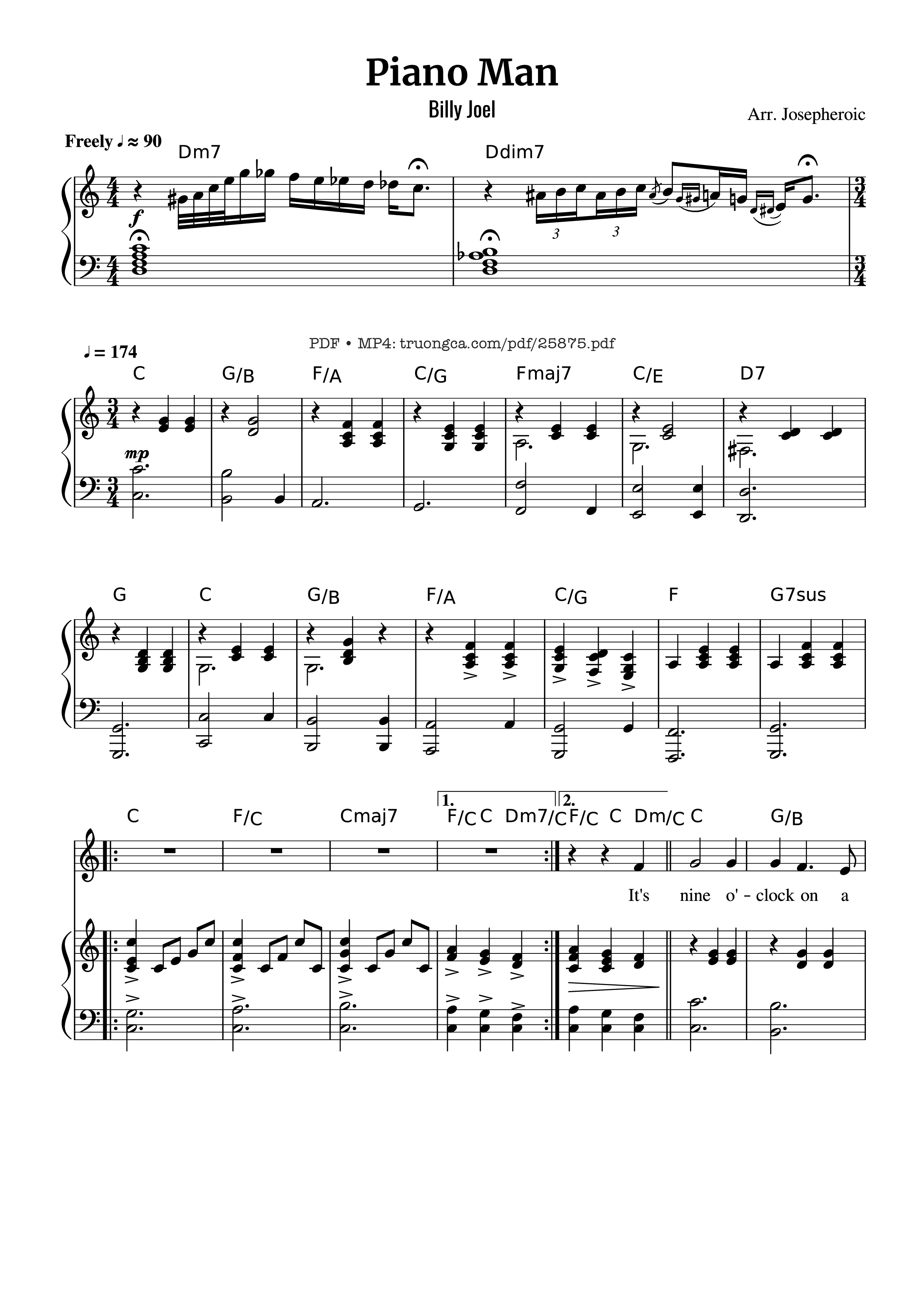 Page 1 of the piano sheet music PDF Piano – Piano Man (Vocal-Piano the original live version) by Arr. Josepheroic