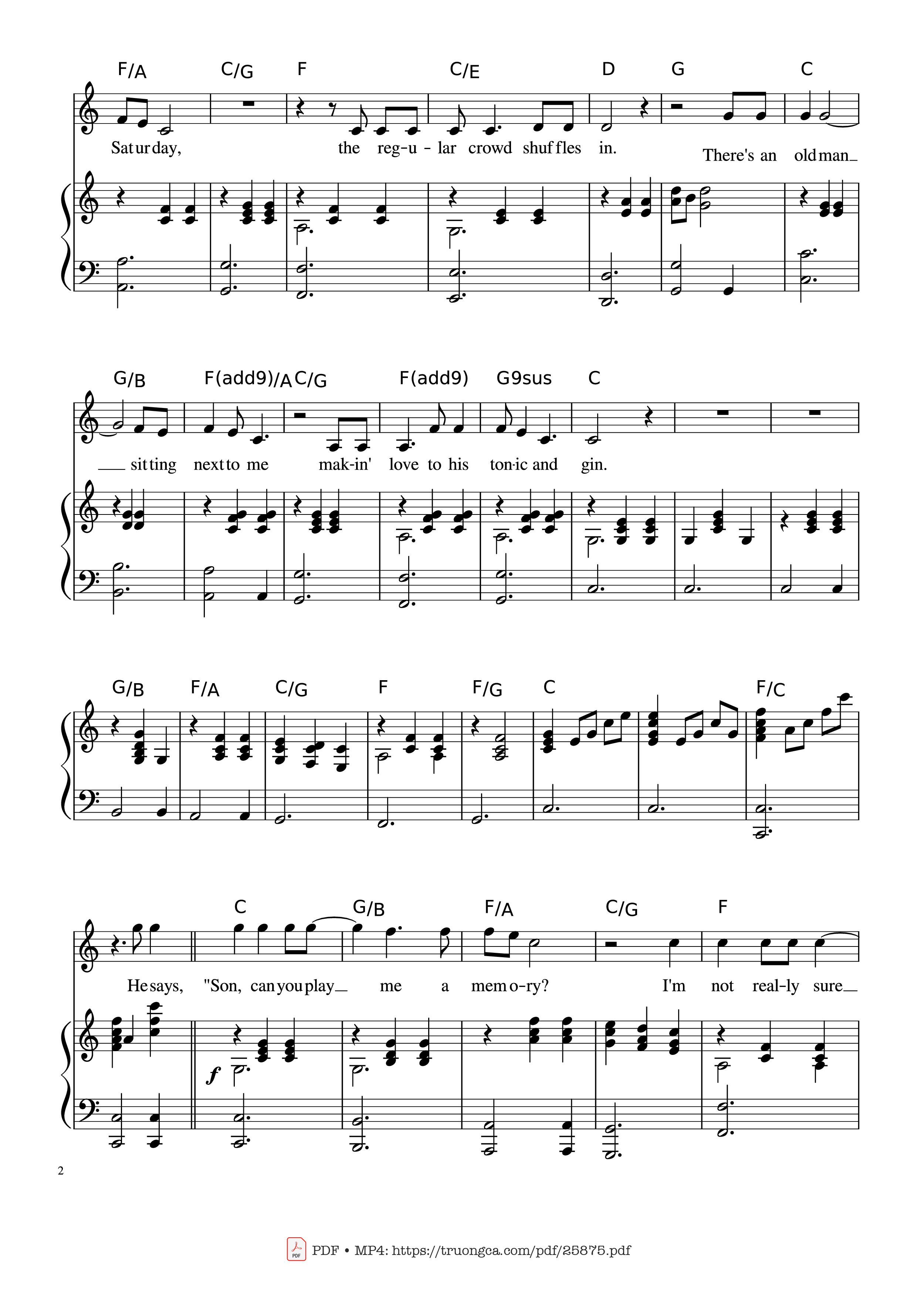 Page 2 of the piano sheet music PDF Piano – Piano Man (Vocal-Piano the original live version) by Arr. Josepheroic