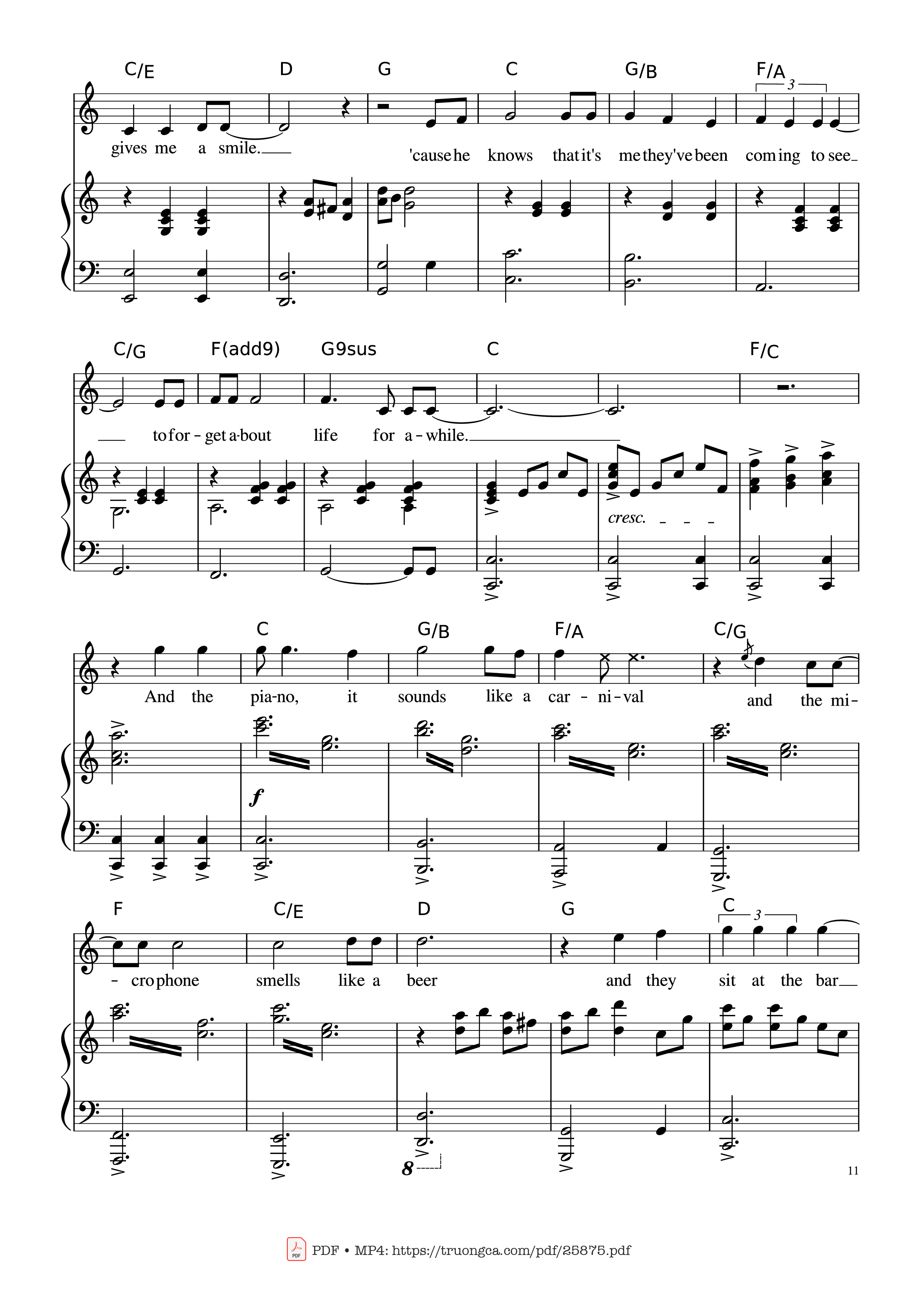 Page 11 of the piano sheet music PDF Piano – Piano Man (Vocal-Piano the original live version) by Arr. Josepheroic