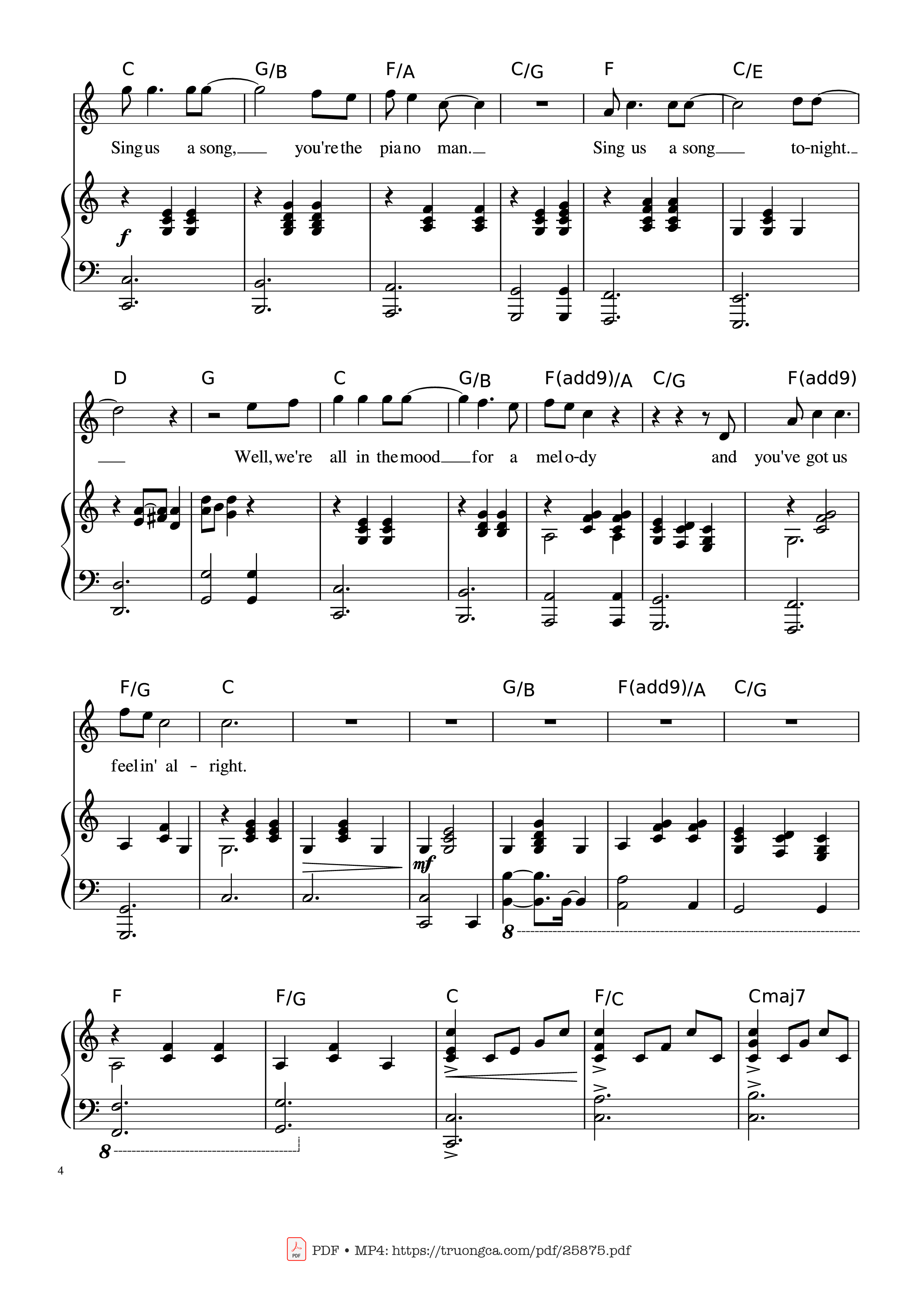 Page 4 of the piano sheet music PDF Piano – Piano Man (Vocal-Piano the original live version) by Arr. Josepheroic