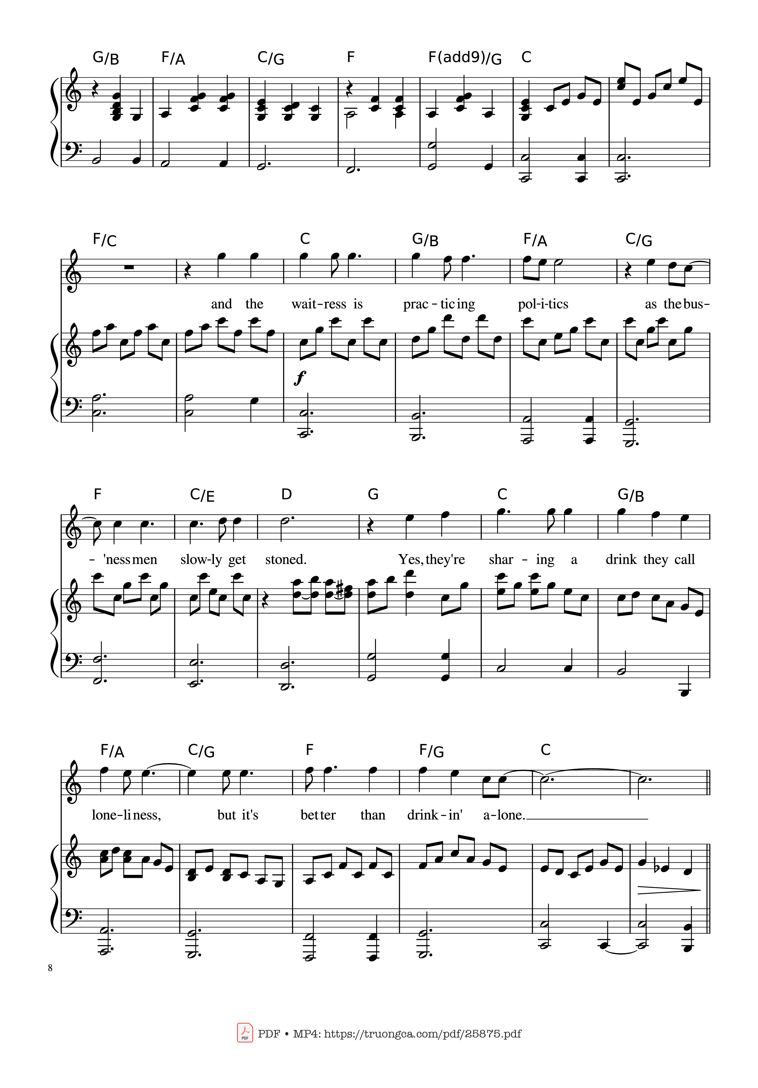 Page 8 of the piano sheet music PDF Piano – Piano Man (Vocal-Piano the original live version) by Arr. Josepheroic