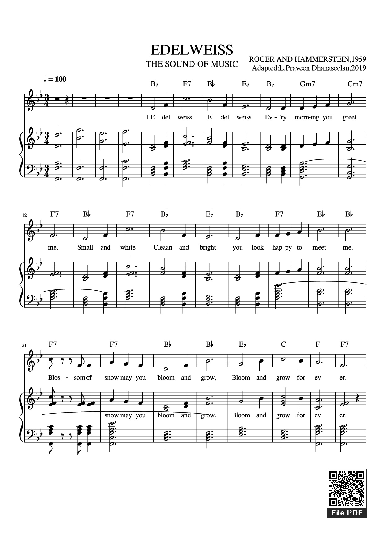 Page 1 of the piano sheet music PDF Piano – EDELWEISS Piano by ROGER AND HAMMERSTEIN,1959 Adapted:L.Praveen Dhanaseelan,2019