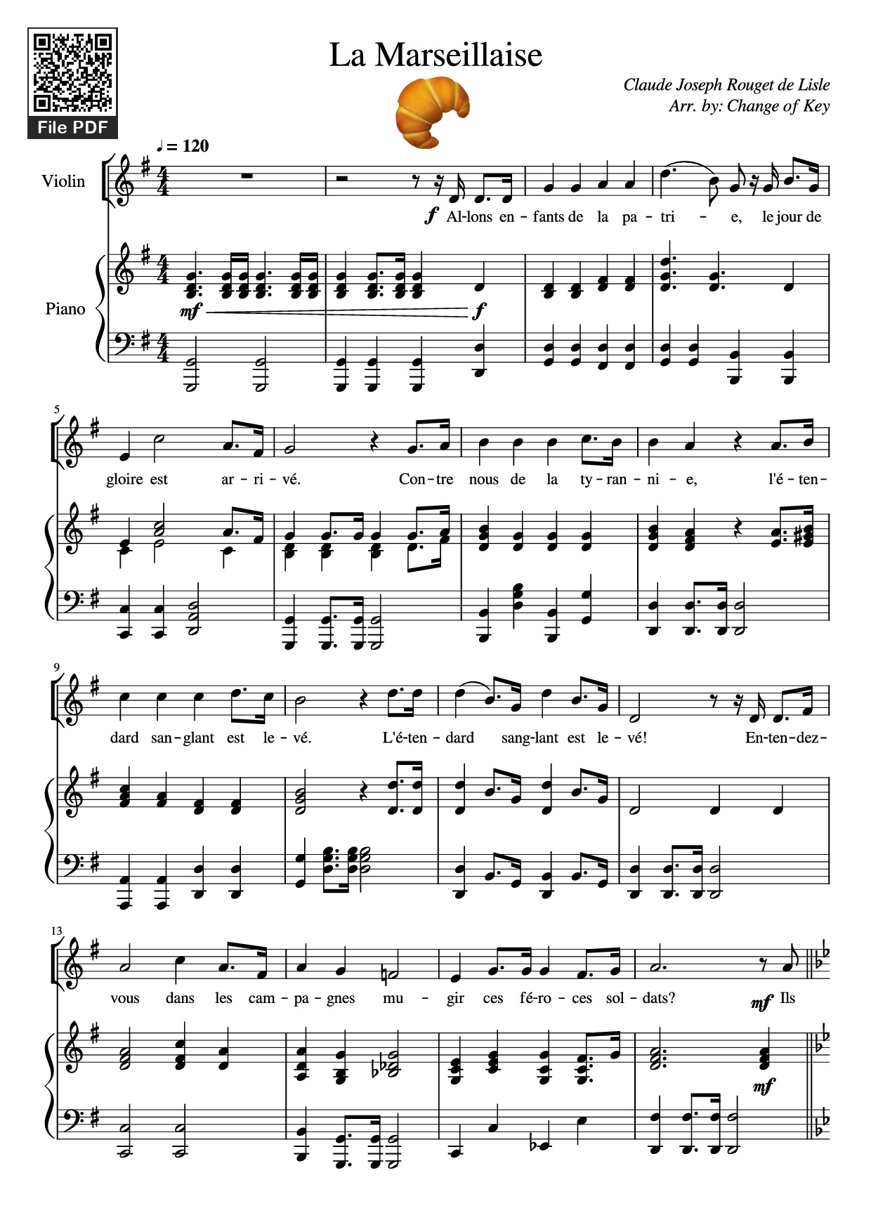 Page 1 of the piano sheet music PDF Piano – La Marseillaise Piano by Claude Joseph Rouget de Lisle