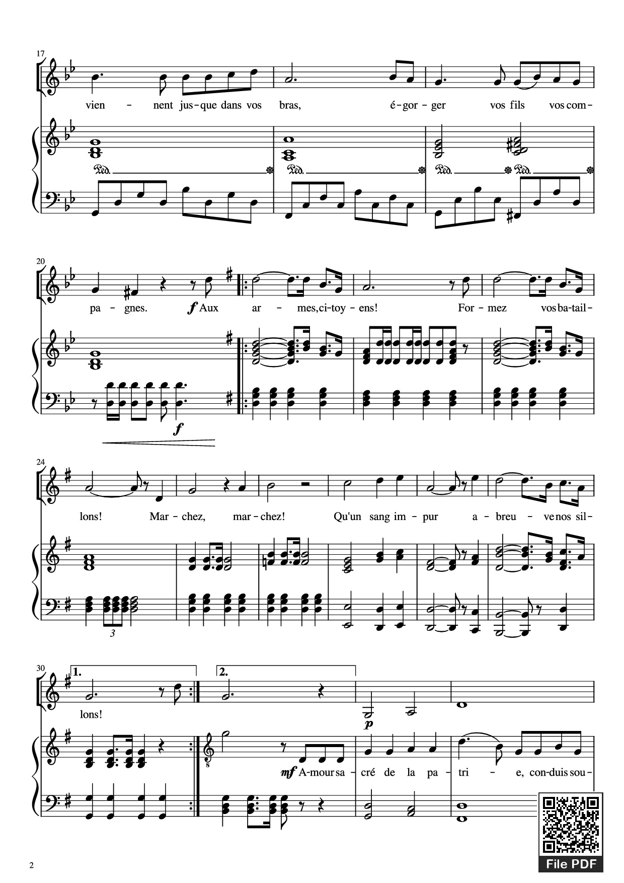Page 2 of the piano sheet music PDF Piano – La Marseillaise Piano by Claude Joseph Rouget de Lisle