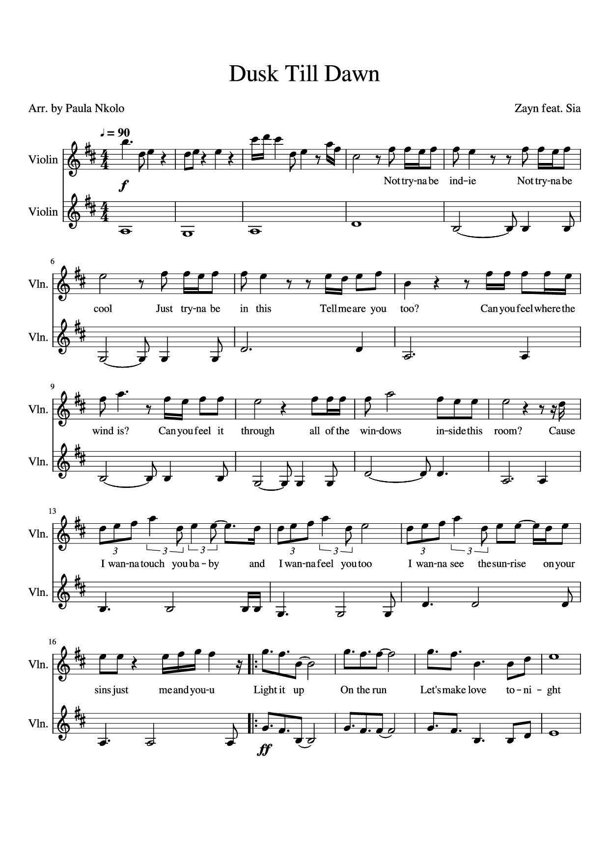 Page 1 of the piano sheet music PDF – Dusk Till Dawn Violin by Zayn feat. Sia