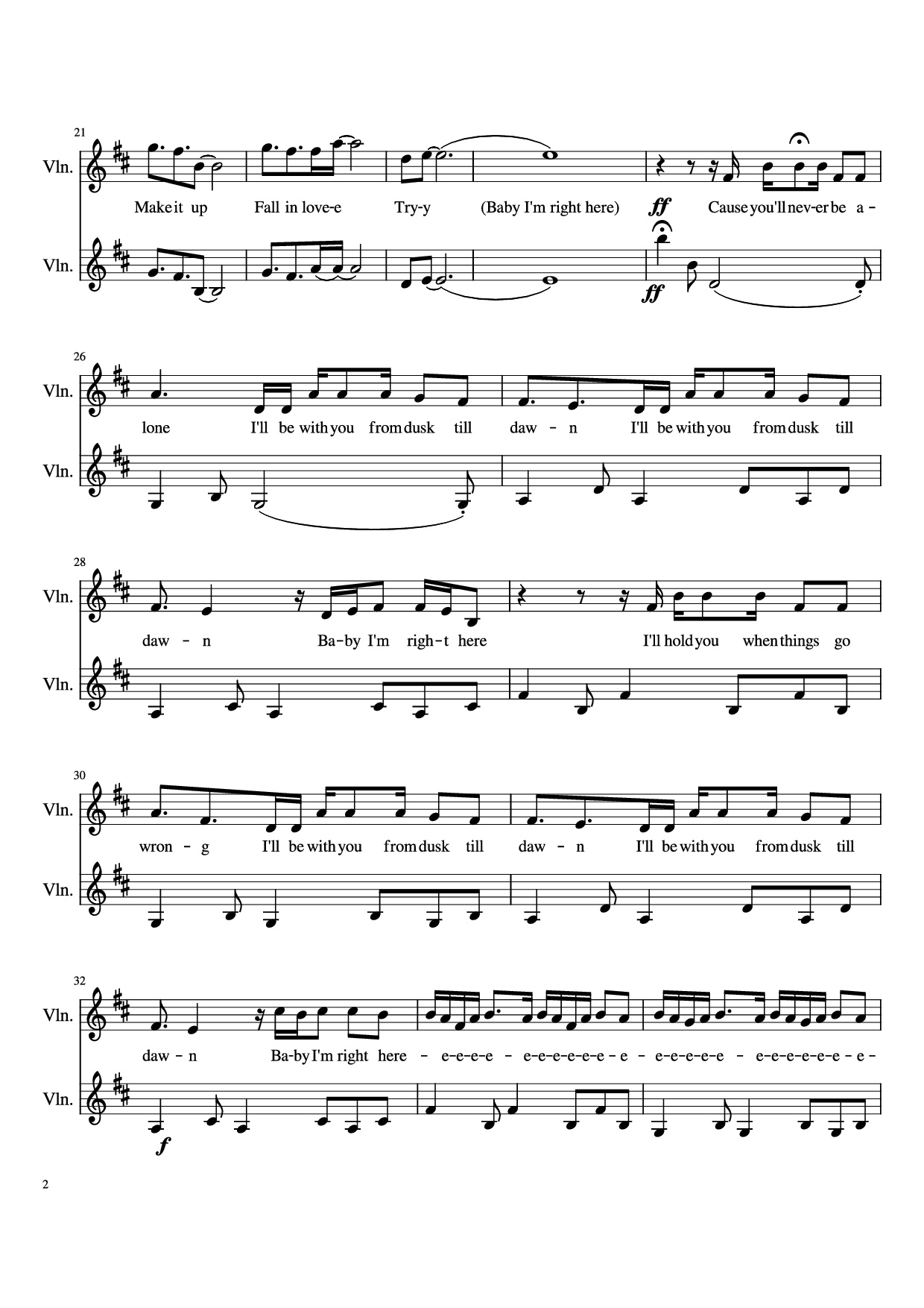 Page 2 of the piano sheet music PDF – Dusk Till Dawn Violin by Zayn feat. Sia