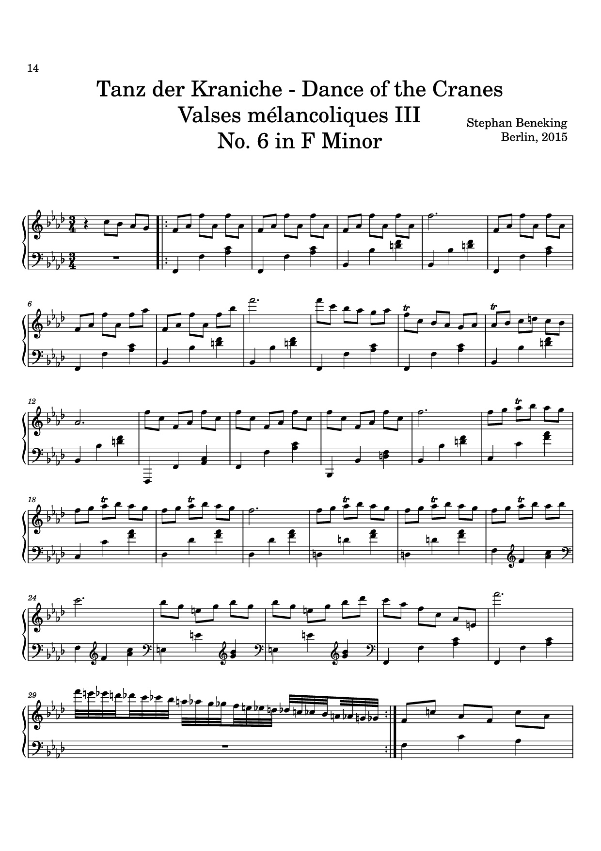 Page 14 of the piano sheet music PDF – 12 Valses mélancoliques III - Dance of the Cranes - No. 1 in C Minor by Stephan Beneking