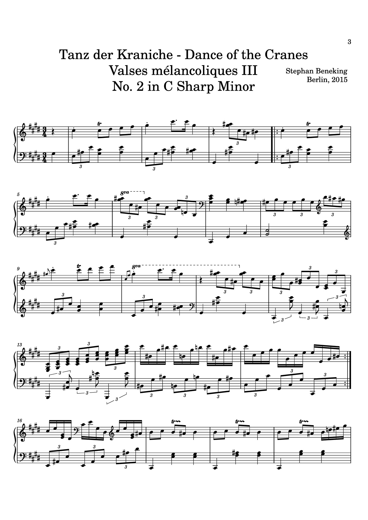 Page 3 of the piano sheet music PDF – 12 Valses mélancoliques III - Dance of the Cranes - No. 1 in C Minor by Stephan Beneking