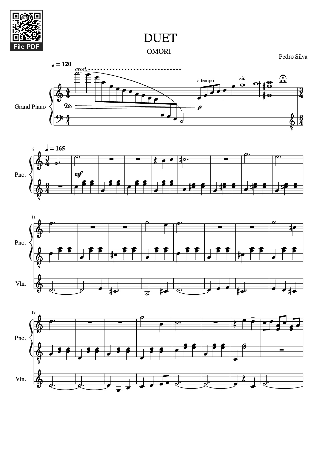 Page 1 of the piano sheet music PDF Piano – DUET Piano by Pedro Silva