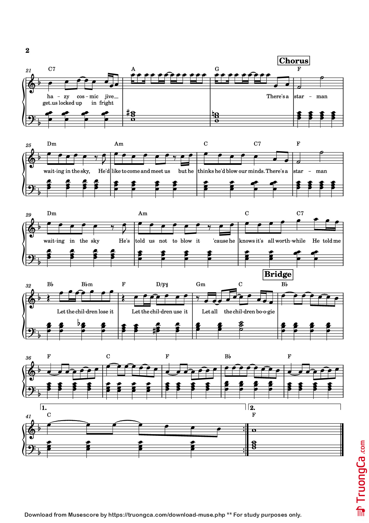 Page 2 of the piano sheet music PDF Piano – Starman Piano by Composer / arranger