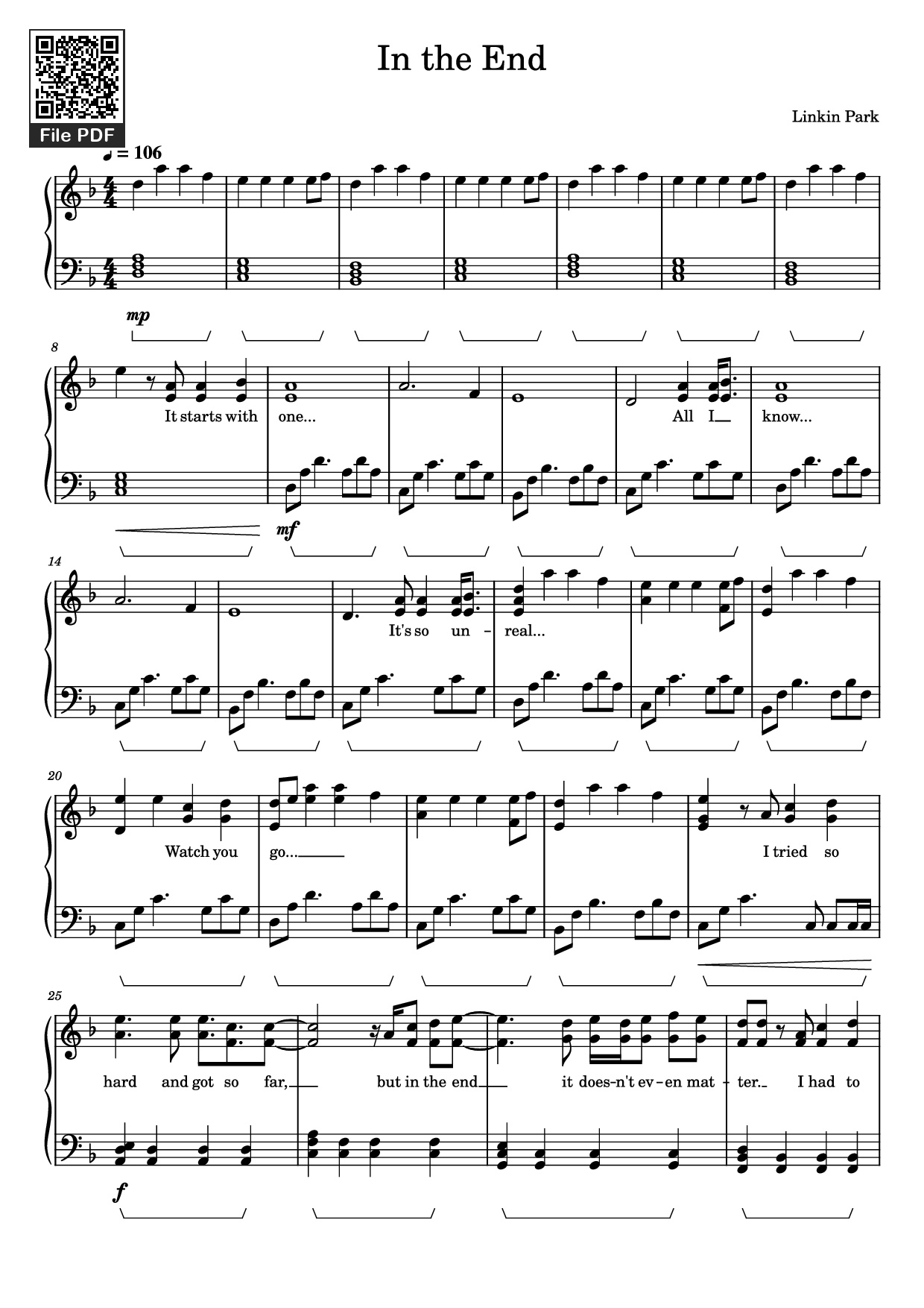 Page 1 of the piano sheet music PDF Piano – In the End Piano by Linkin Park