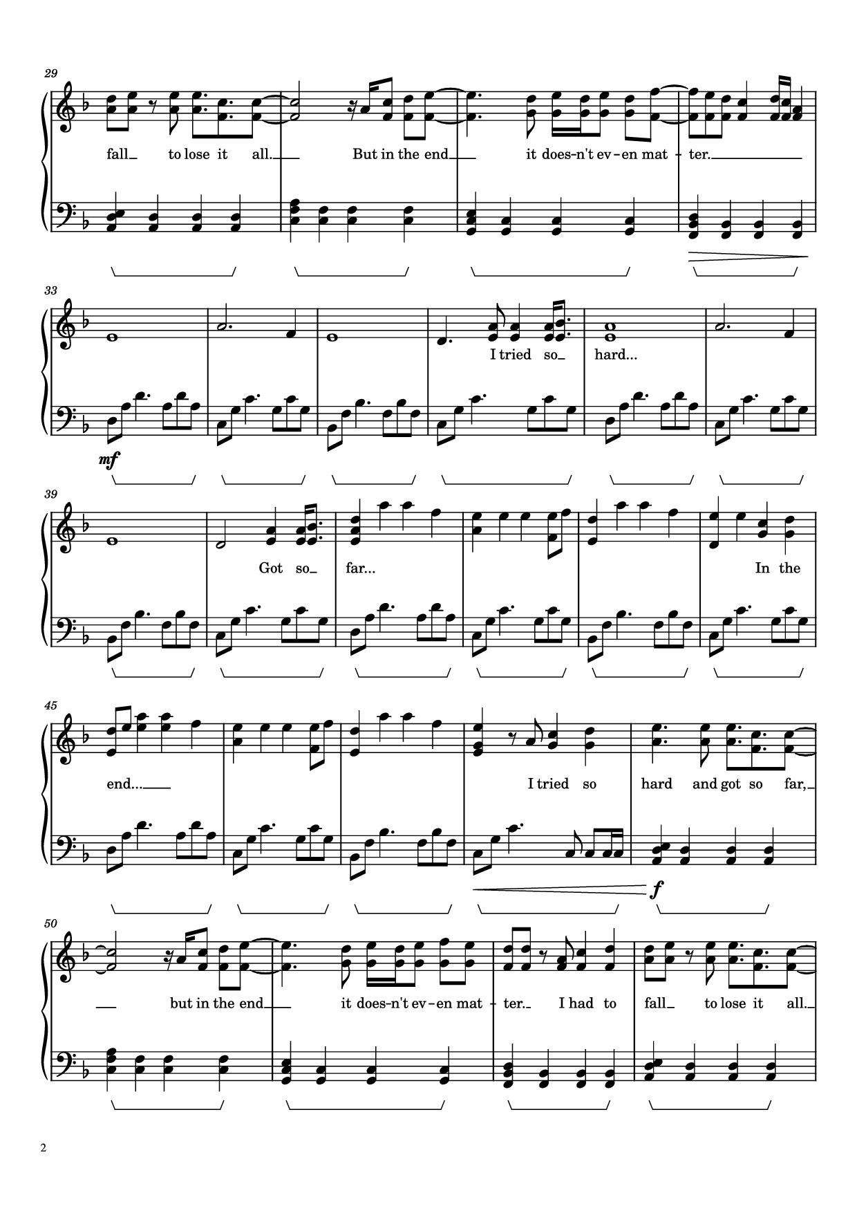 Page 2 of the piano sheet music PDF Piano – In the End Piano by Linkin Park