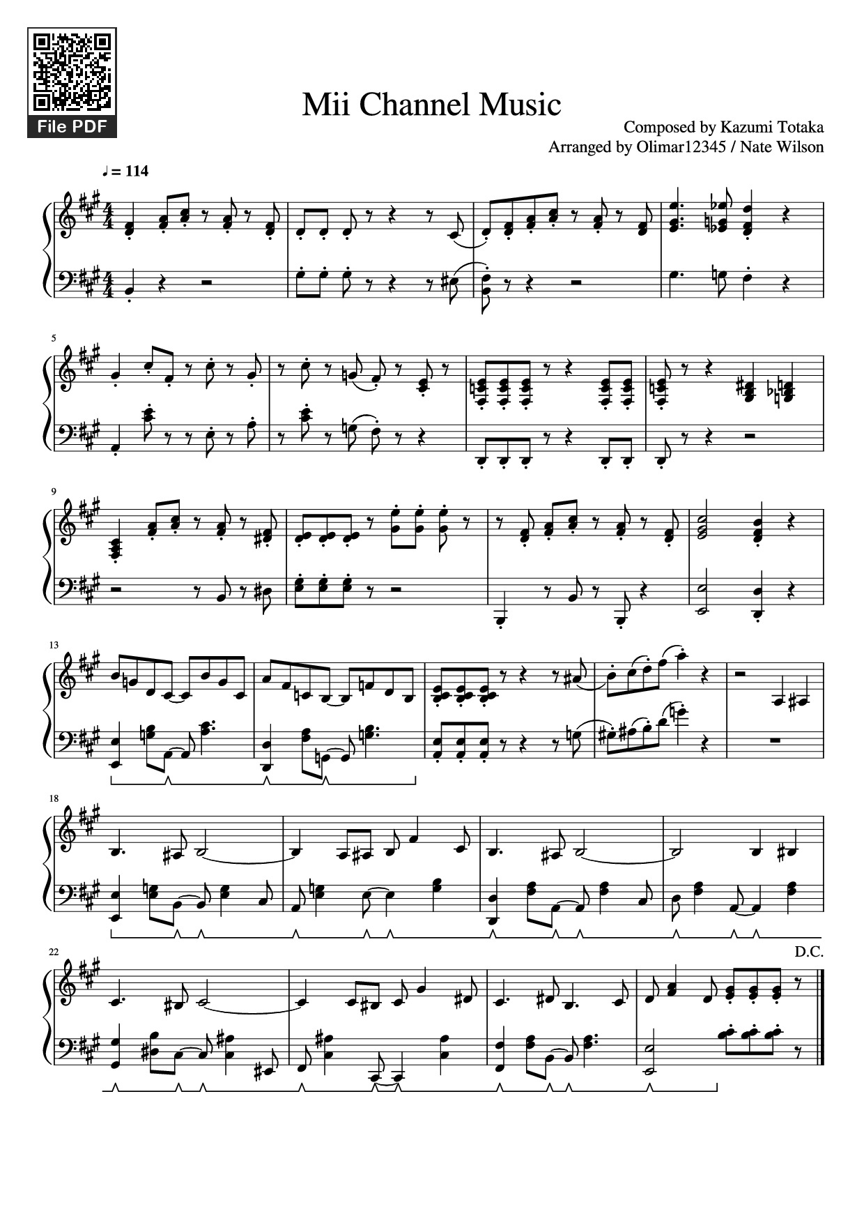 Page 1 of the piano sheet music PDF Piano – Mii Channel Music Piano by Composed by Kazumi Totaka Arranged by Olimar12345 / Nate Wilson