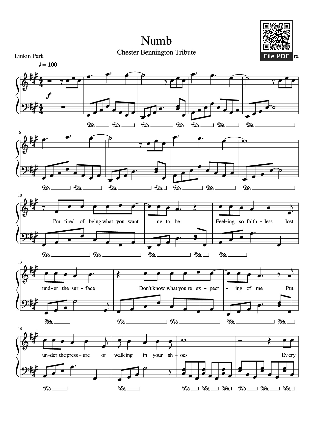 Page 1 of the piano sheet music PDF Piano – Numb Piano by Zakura