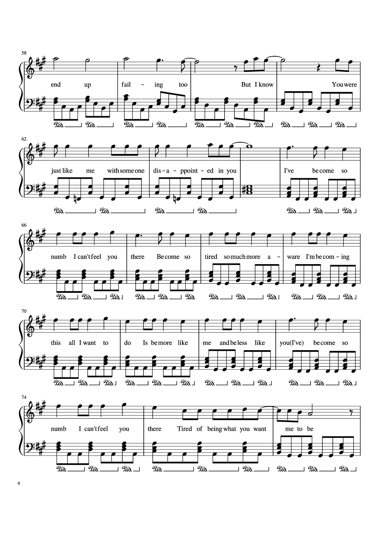 Page 4 of the piano sheet music PDF Piano – Numb Piano by Zakura