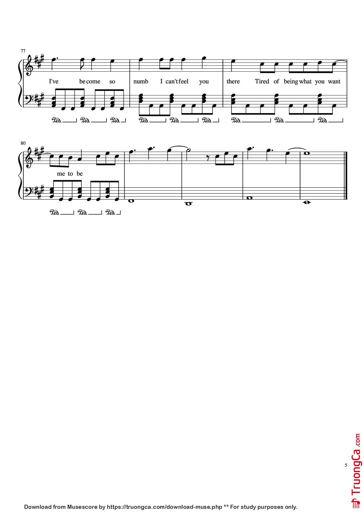Page 5 of the piano sheet music PDF Piano – Numb Piano by Zakura