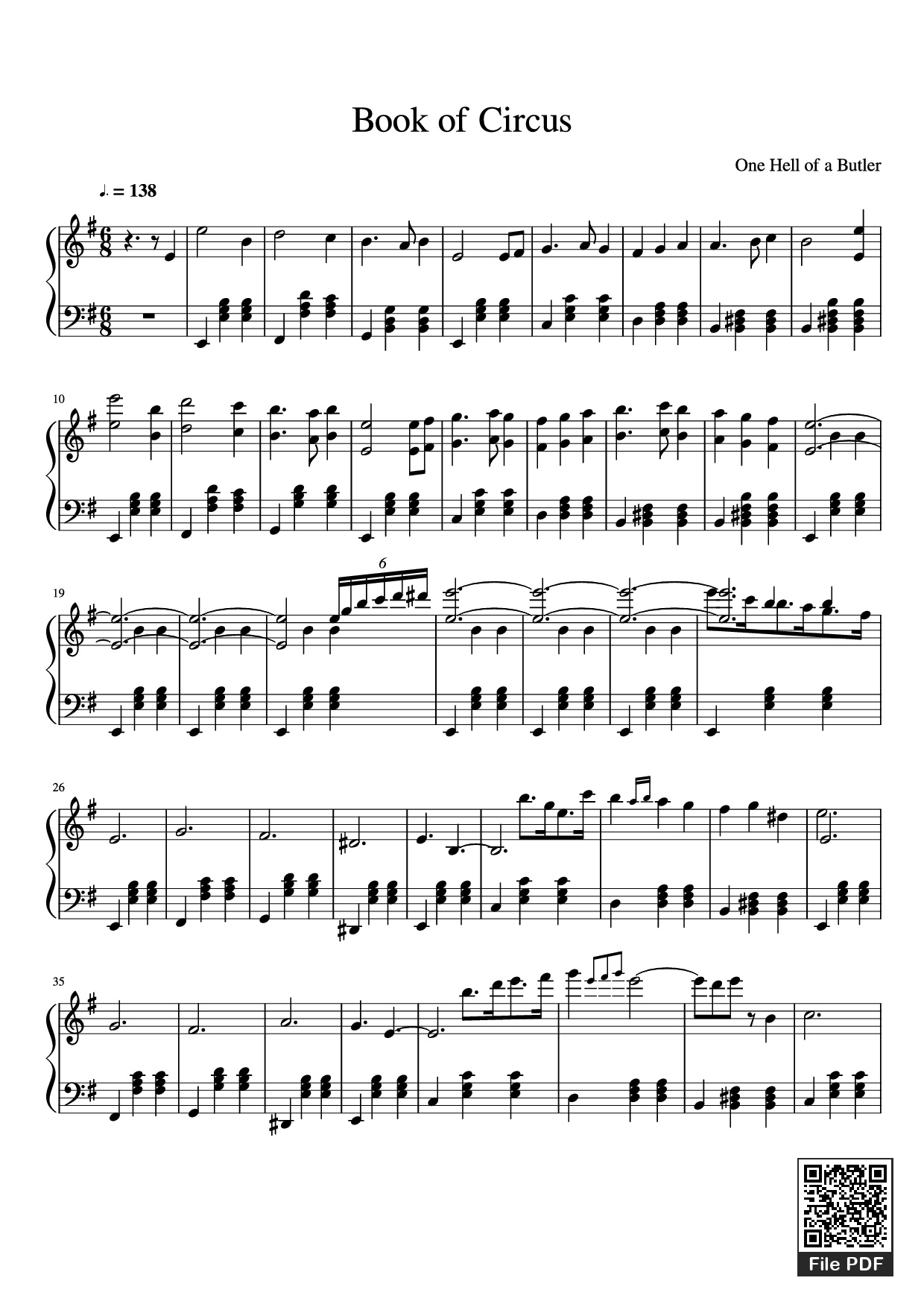 Page 1 of the piano sheet music PDF Piano – Book of Circus Piano by One Hell of a Butler