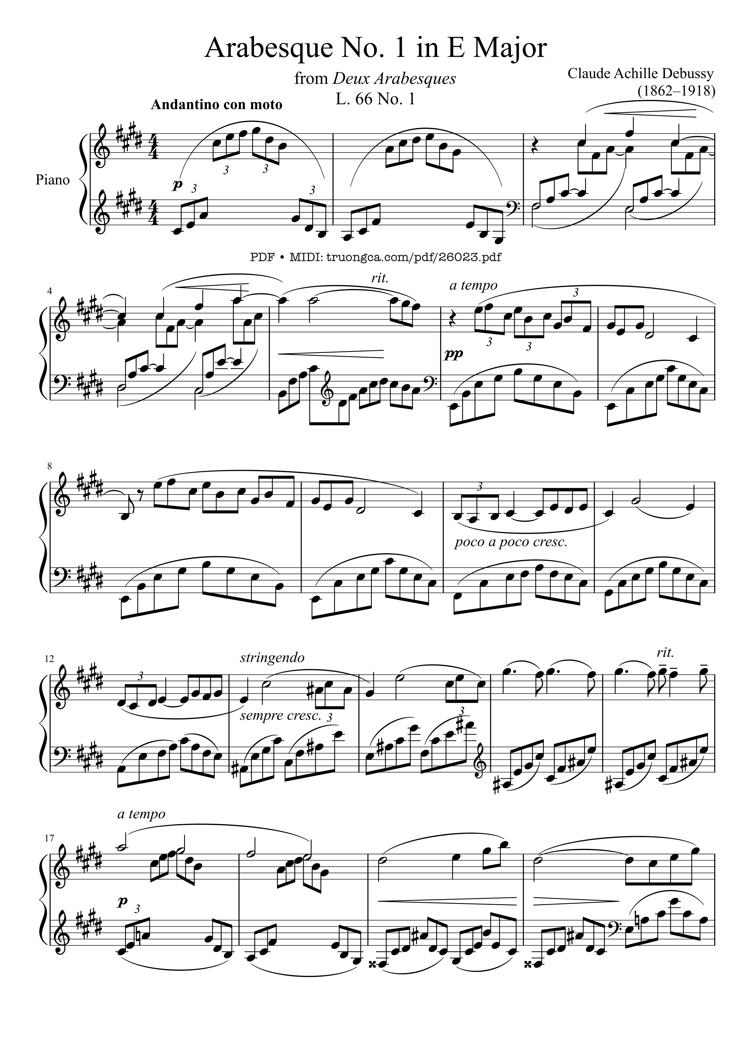 Page 1 of the piano sheet music PDF Piano – Arabesque No. 1 in E Major Piano by Claude Achille Debussy