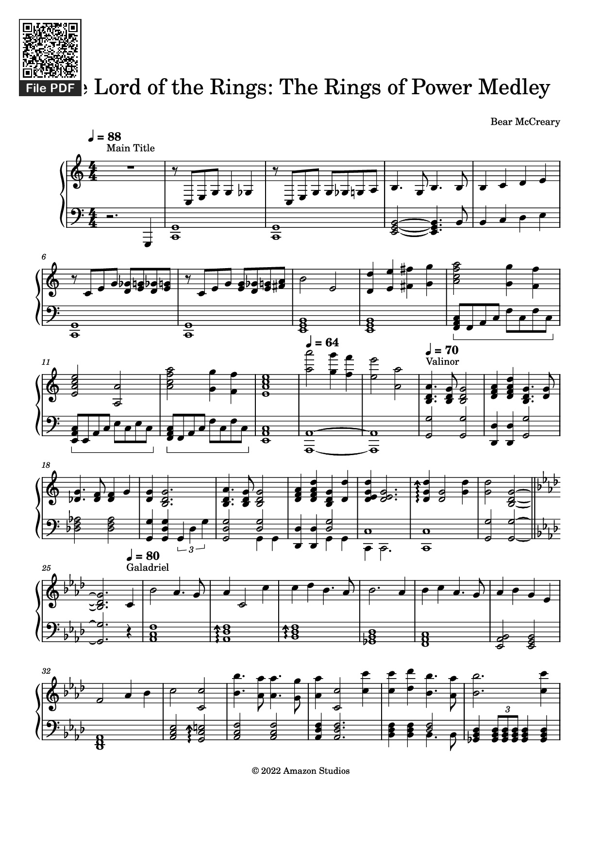 Page 1 of the piano sheet music PDF Piano – The Lord of the Rings: The Rings of Power Medley Piano by Bear McCreary