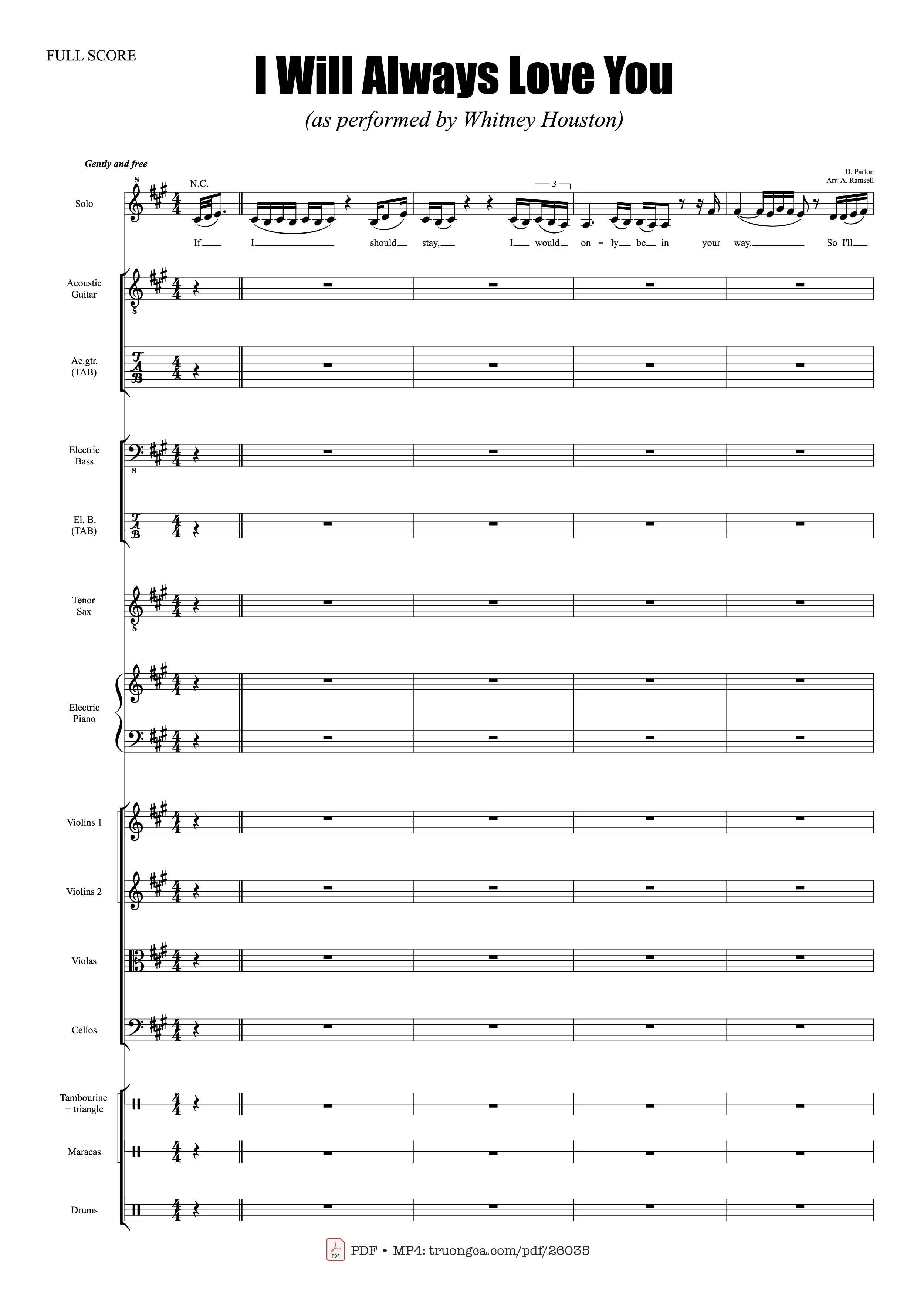 Page 1 of the piano sheet music PDF – I Will Always Love You (Choral orchestral) by D. Parton