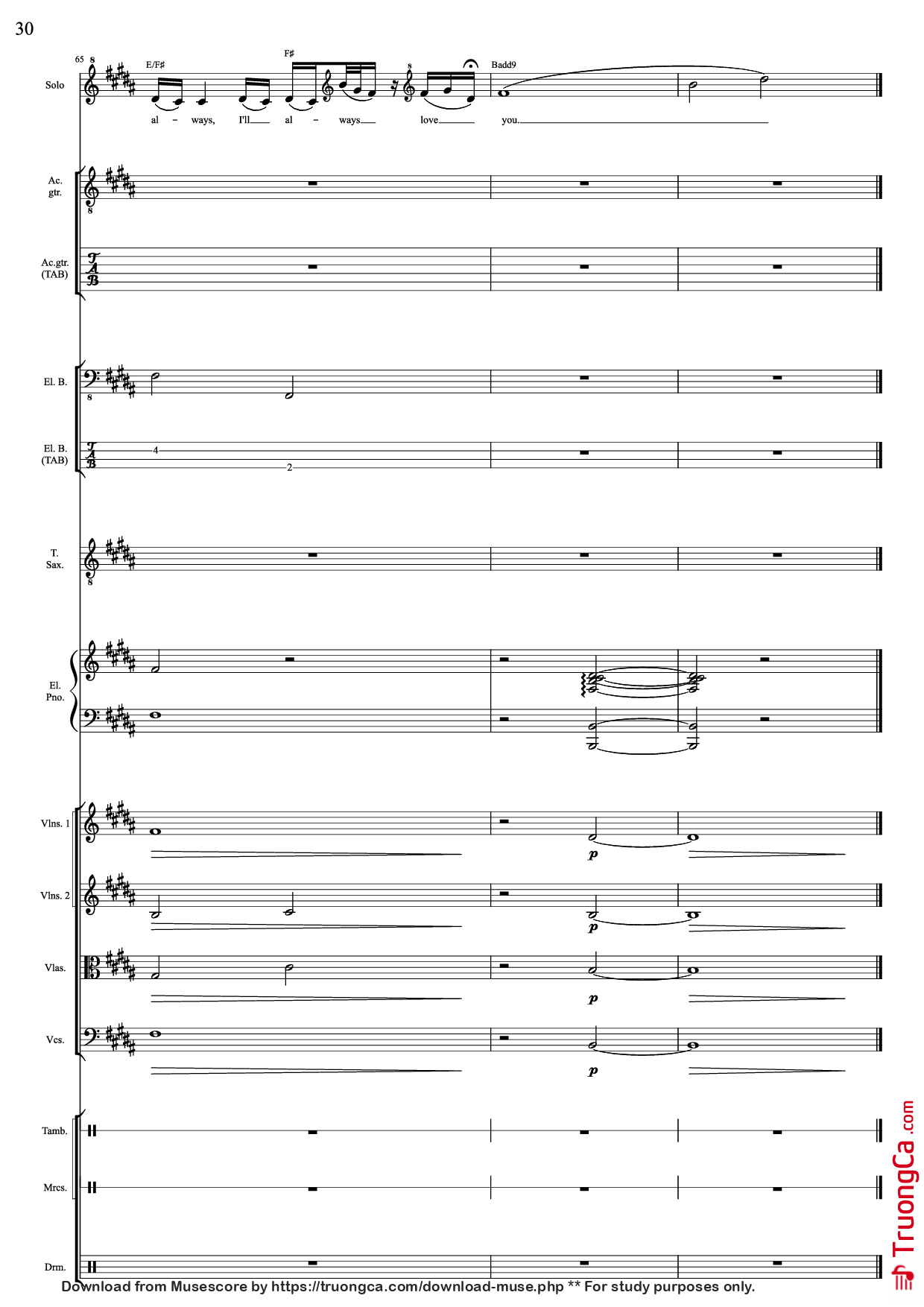 Page 30 of the piano sheet music PDF – I Will Always Love You (Choral orchestral) by D. Parton