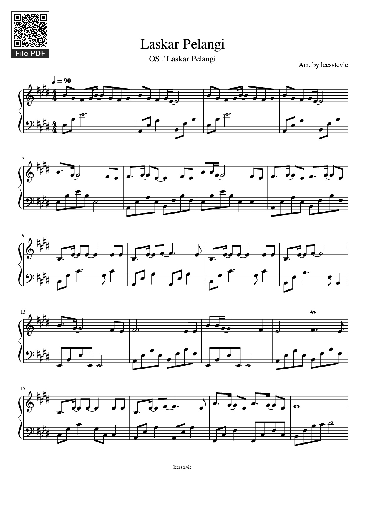 Page 1 of the piano sheet music PDF Piano – Laskar Pelangi Piano by Arr. by leesstevie