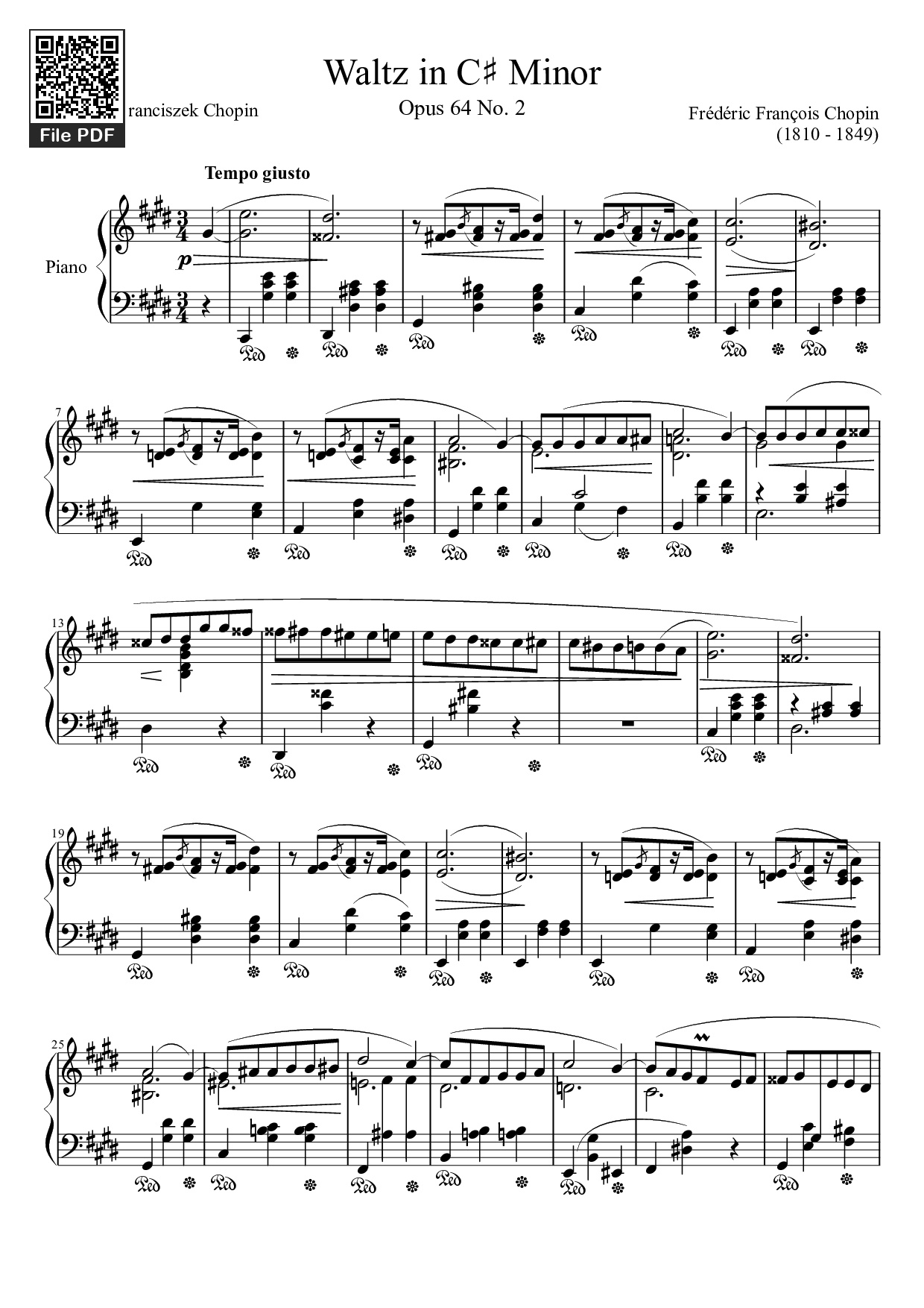 Page 1 of the piano sheet music PDF Piano – Waltz in C♯ Minor Piano by Frédéric François Chopin