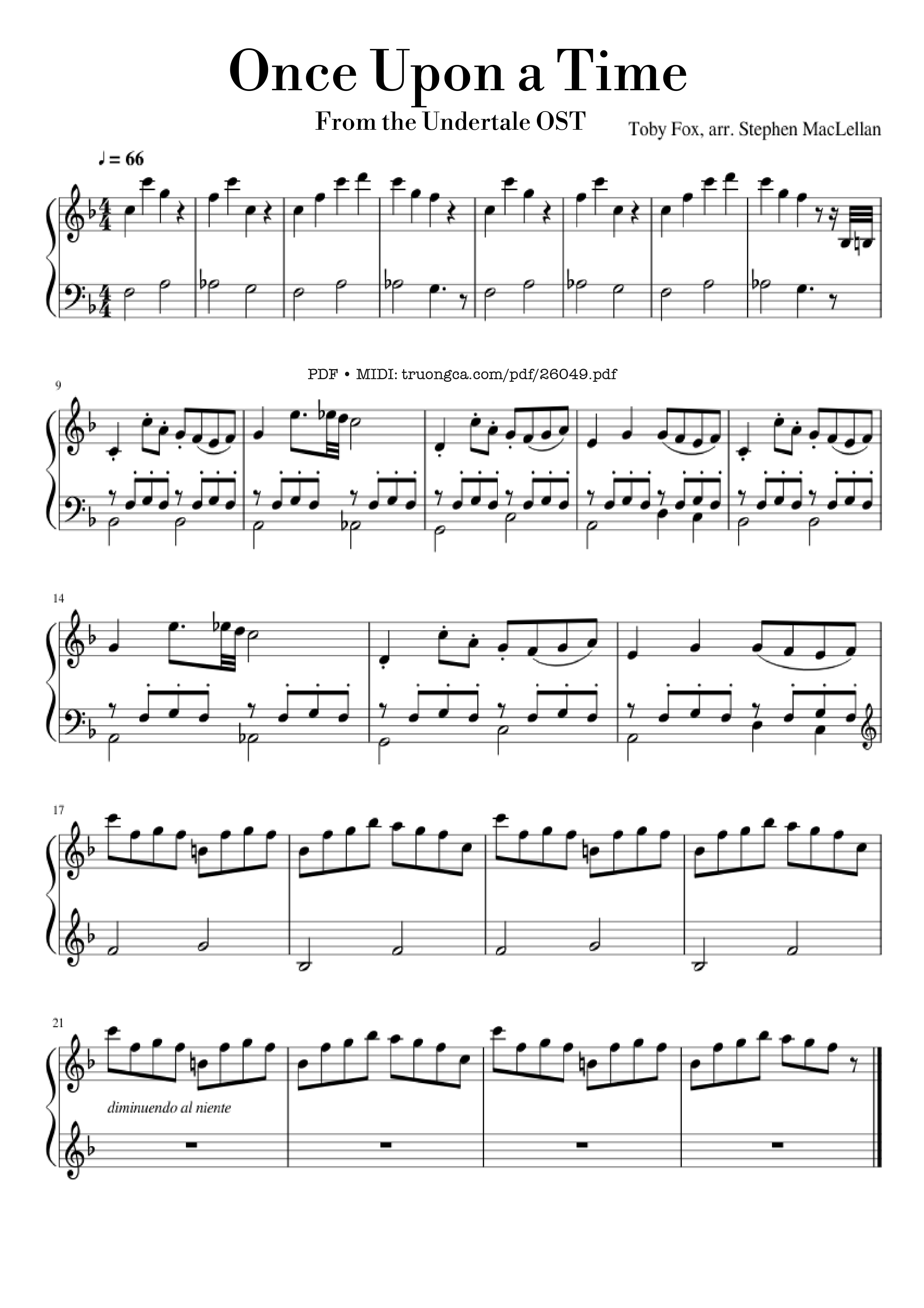 Page 1 of the piano sheet music PDF Piano – Once Upon a Time Piano by Toby Fox, arr. Stephen MacLellan
