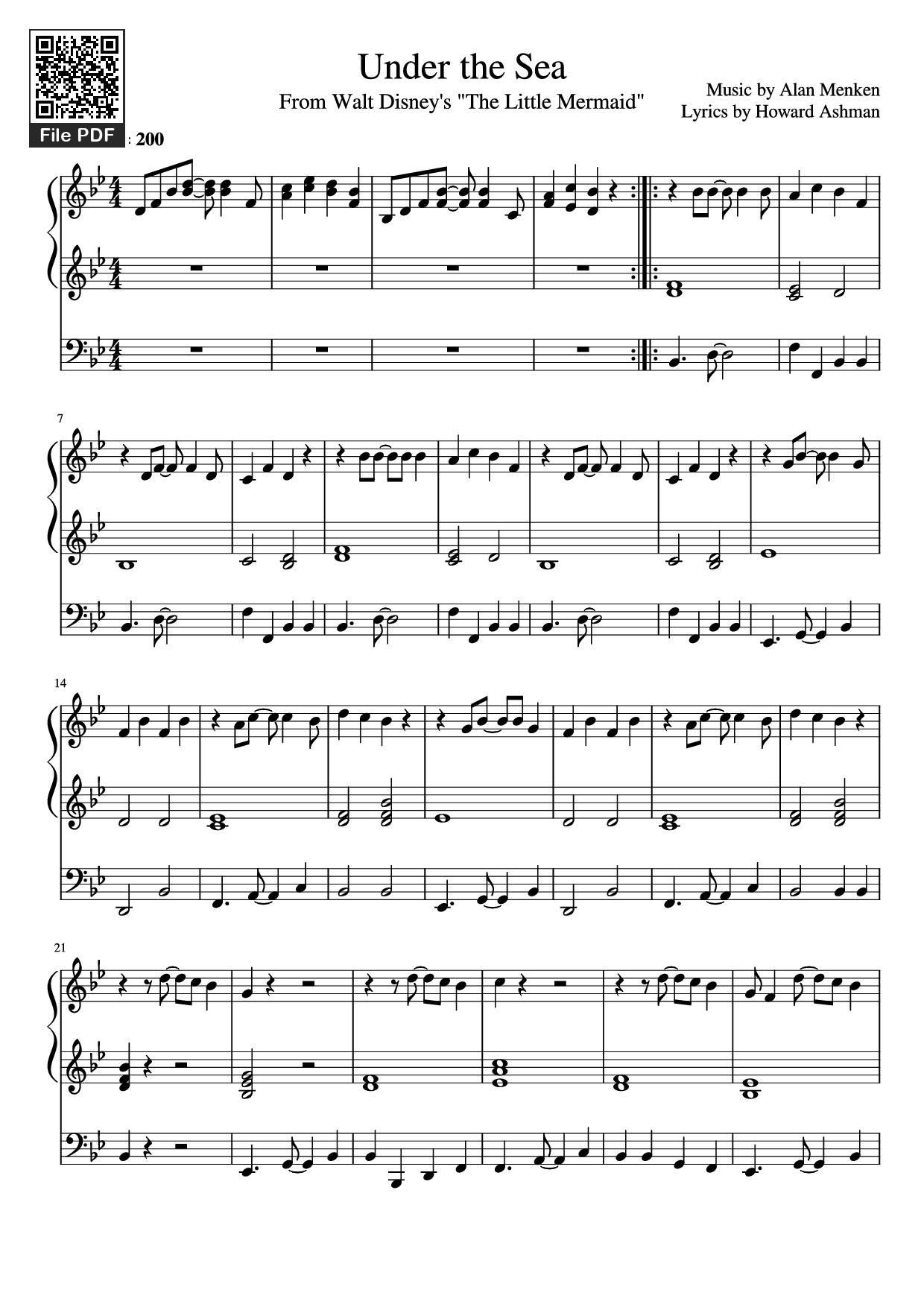 Page 1 of the piano sheet music PDF Piano – Under the Sea Piano by Music by Alan Menken Lyrics by Howard Ashman