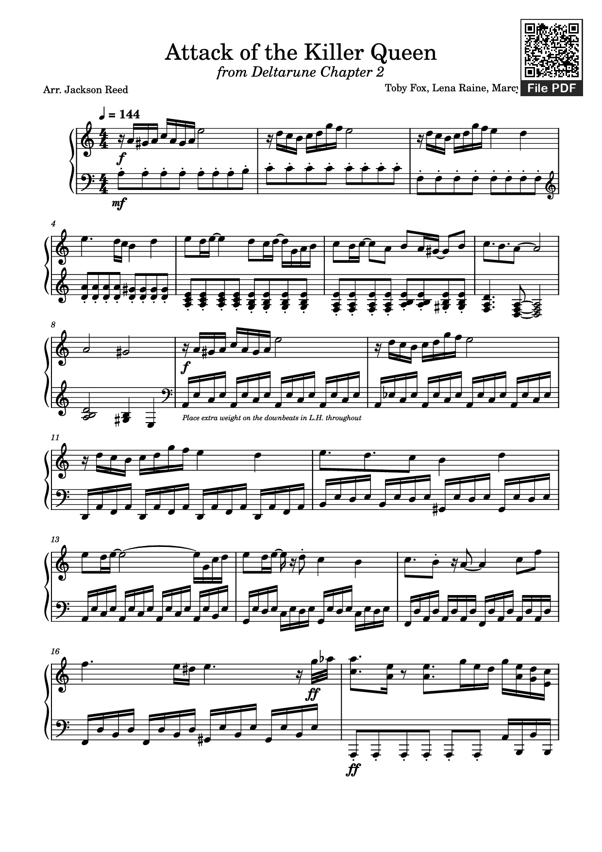 Page 1 of the piano sheet music PDF Piano – Attack of the Killer Queen Piano by Toby Fox, Lena Raine, Marcy Nabors