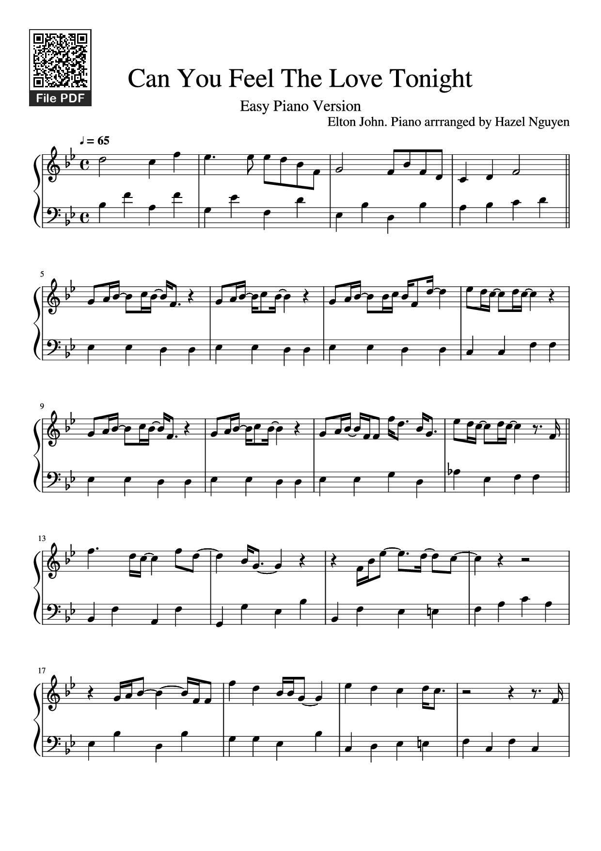 Page 1 of the piano sheet music PDF Piano – Can You Feel The Love Tonight Piano by Elton John. Piano arrranged by Hazel Nguyen