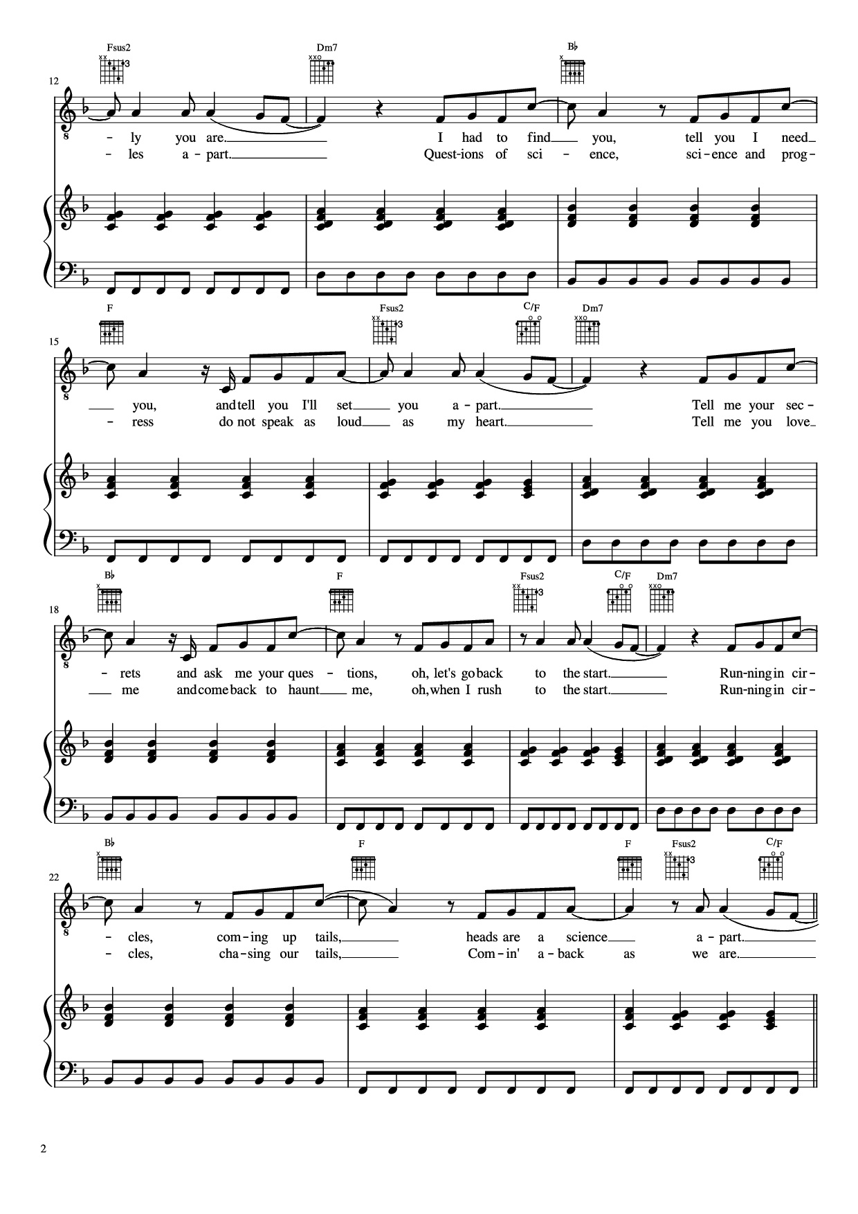 Page 2 of the piano sheet music PDF Piano – The Scientist Piano by Undefined