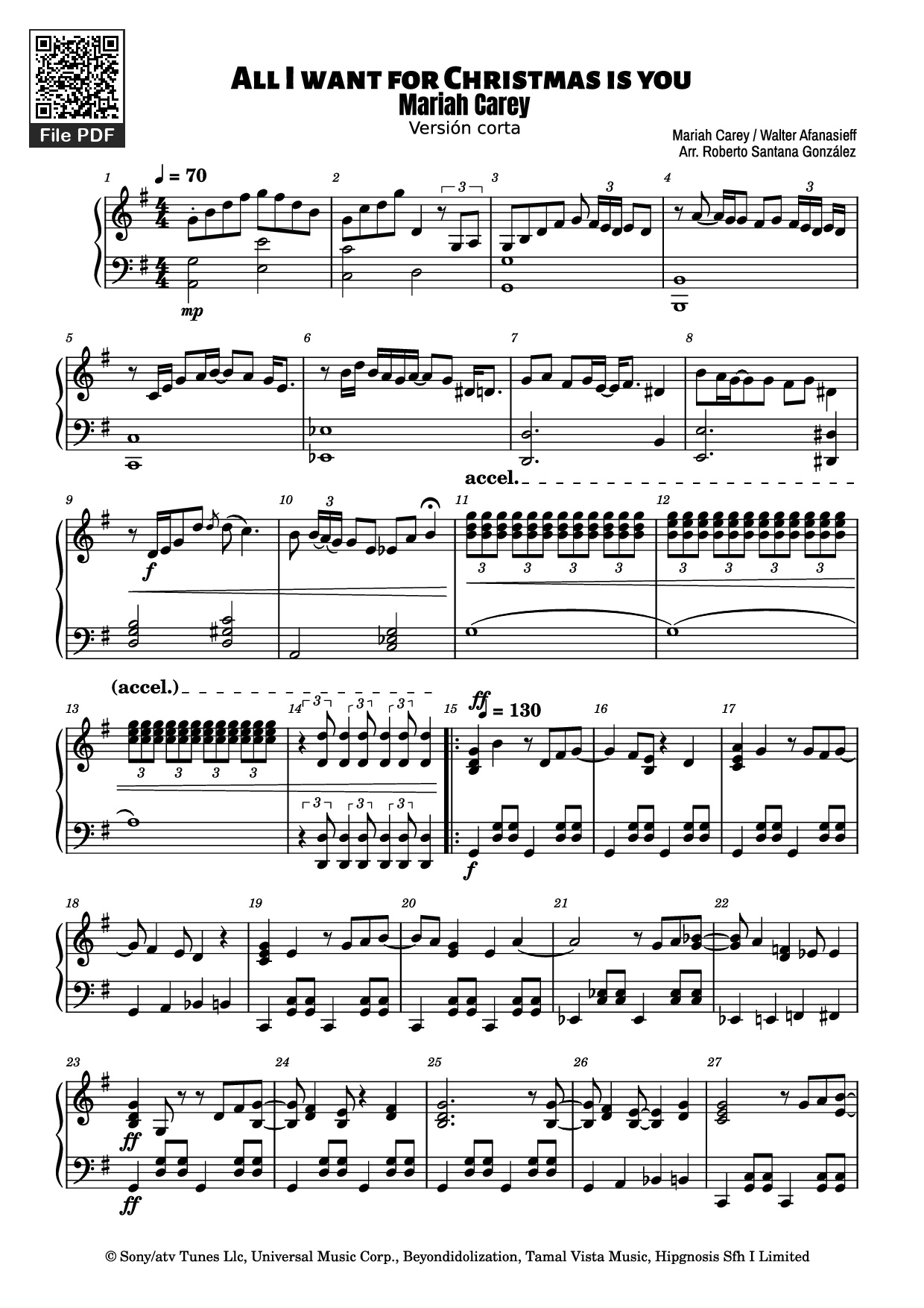 Page 1 of the piano sheet music PDF Piano – All I want for Christmas is you Piano by Mariah Carey / Walter Afanasieff
