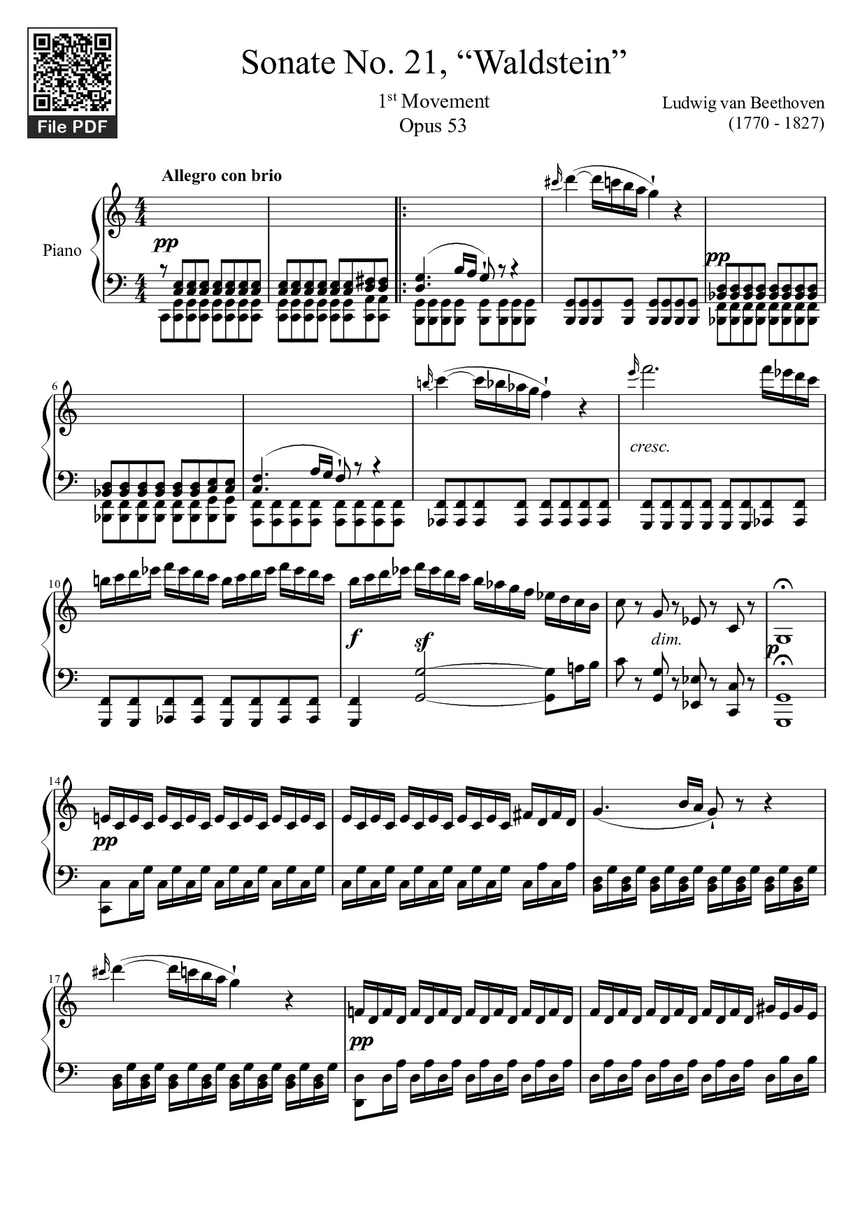 Page 1 of the piano sheet music PDF Piano – Sonate No. 21, Waldstein Piano by Ludwig van Beethoven