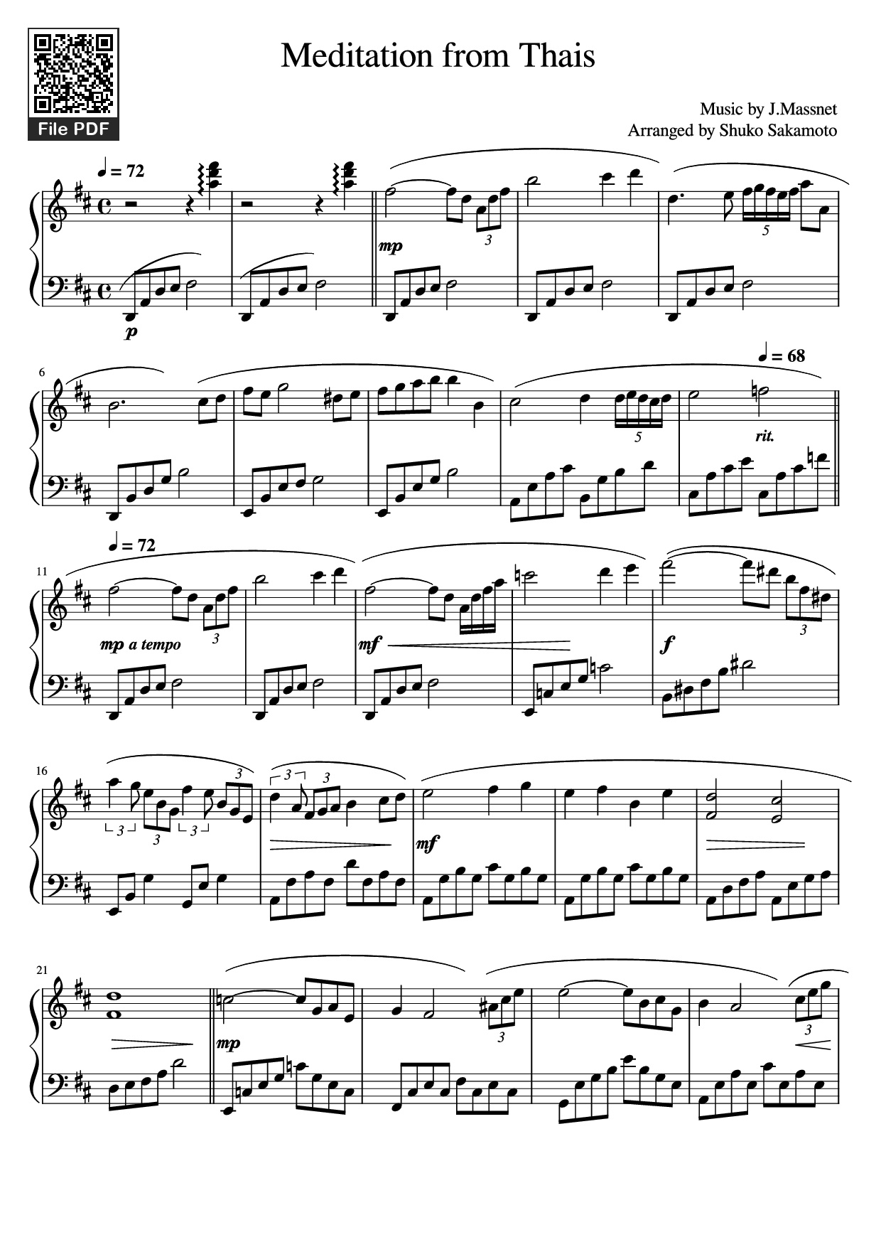 Page 1 of the piano sheet music PDF Piano – Meditation from Thais Piano by Music by J.Massnet