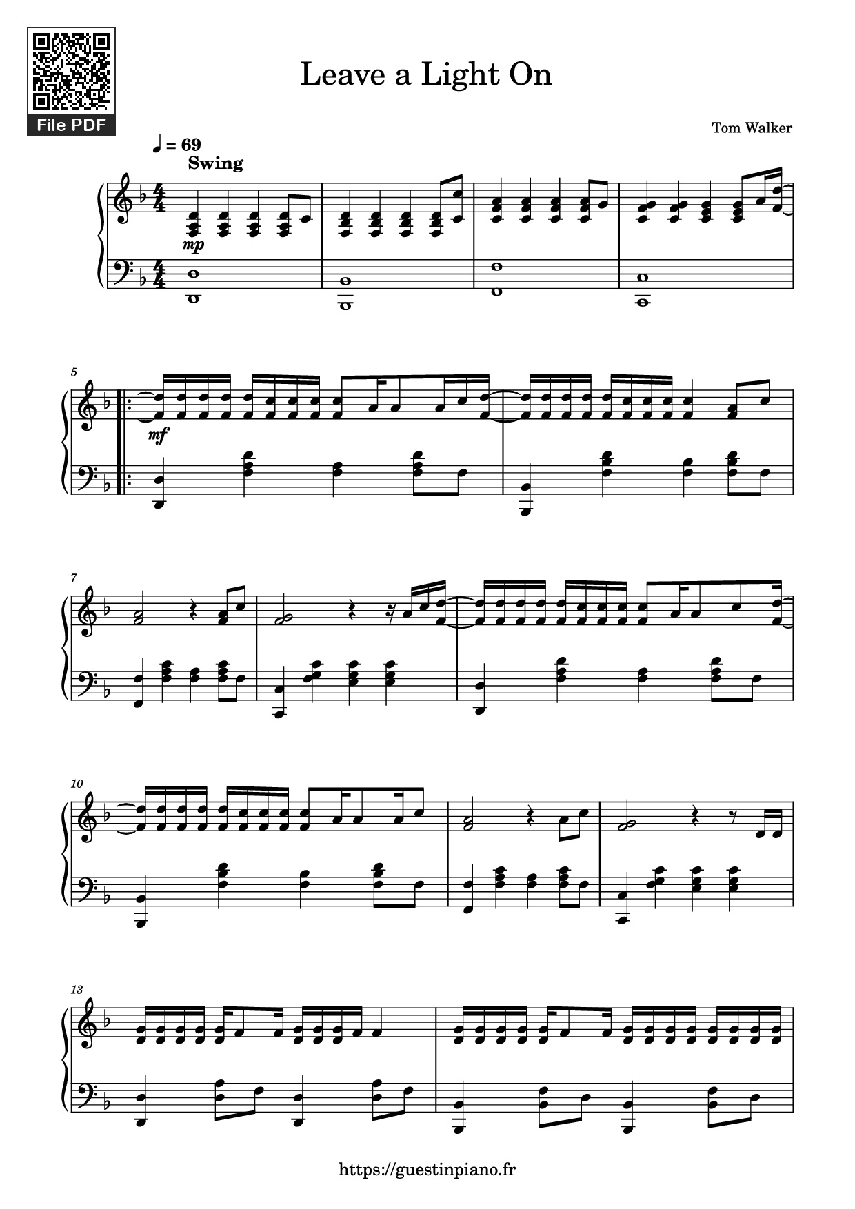 Page 1 of the piano sheet music PDF Piano – Leave a Light On Piano by Tom Walker