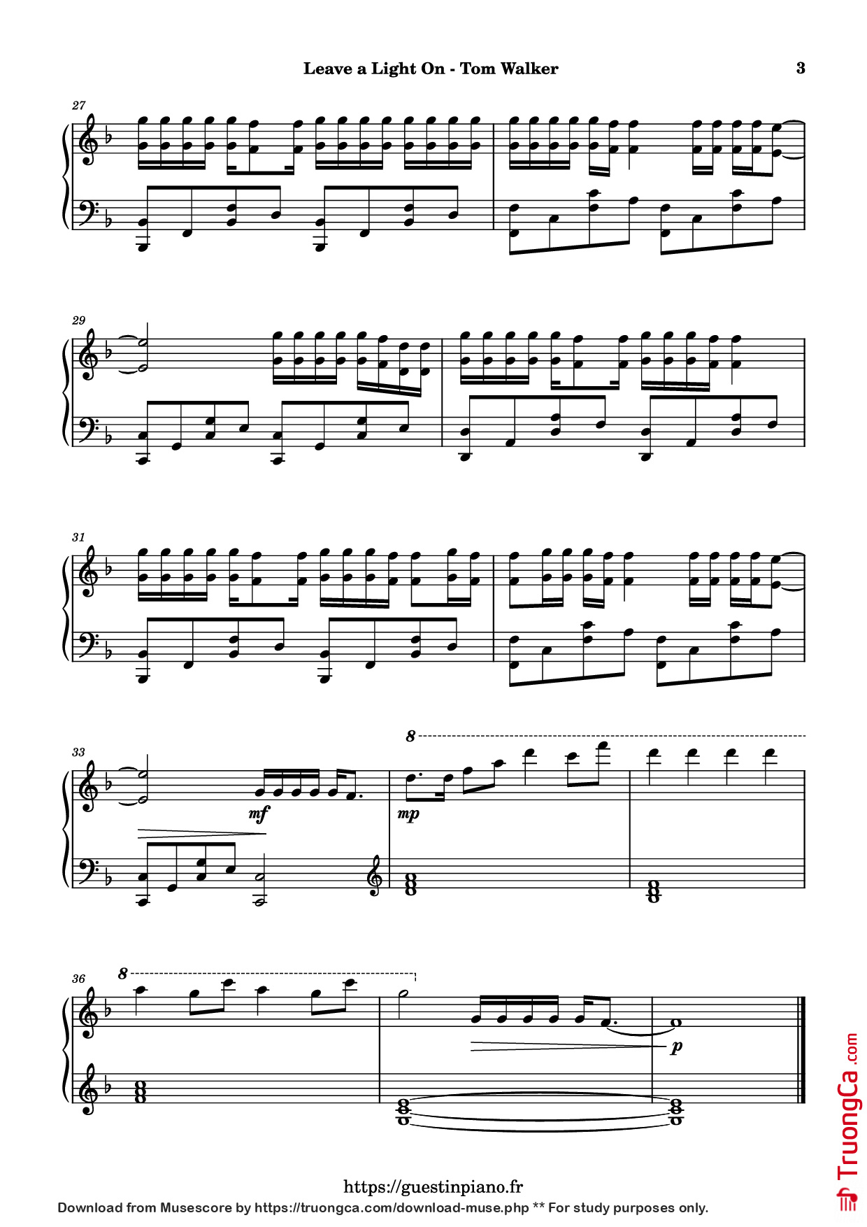 Page 3 of the piano sheet music PDF Piano – Leave a Light On Piano by Tom Walker