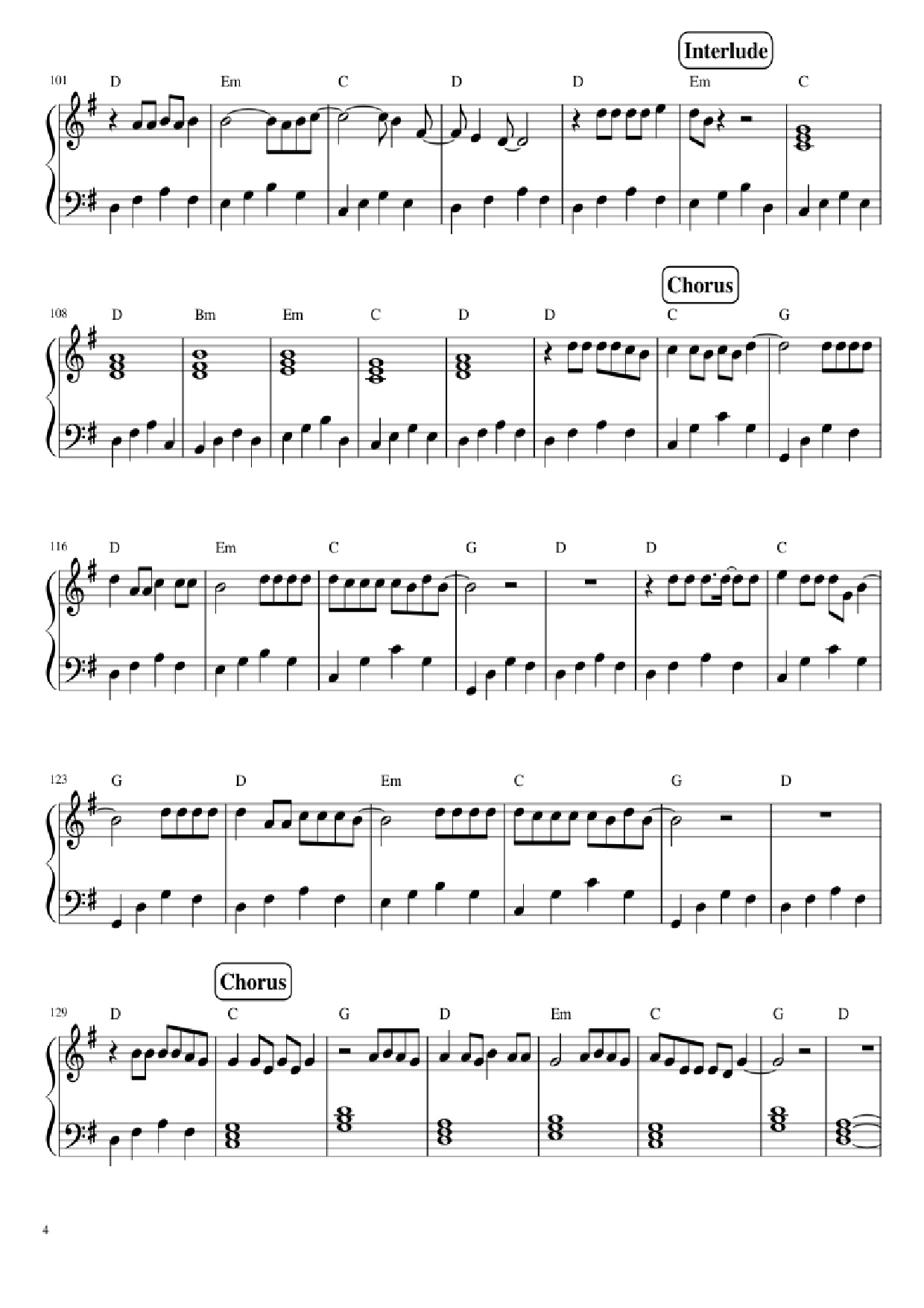 Page 4 of the piano sheet music PDF Piano – Let her go Piano by Mike Rosenberg