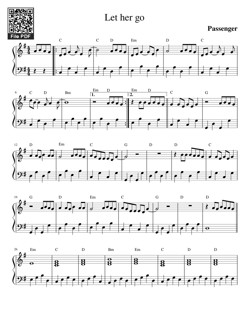 Page 1 of the piano sheet music PDF Piano – Let her go Piano by Passenger