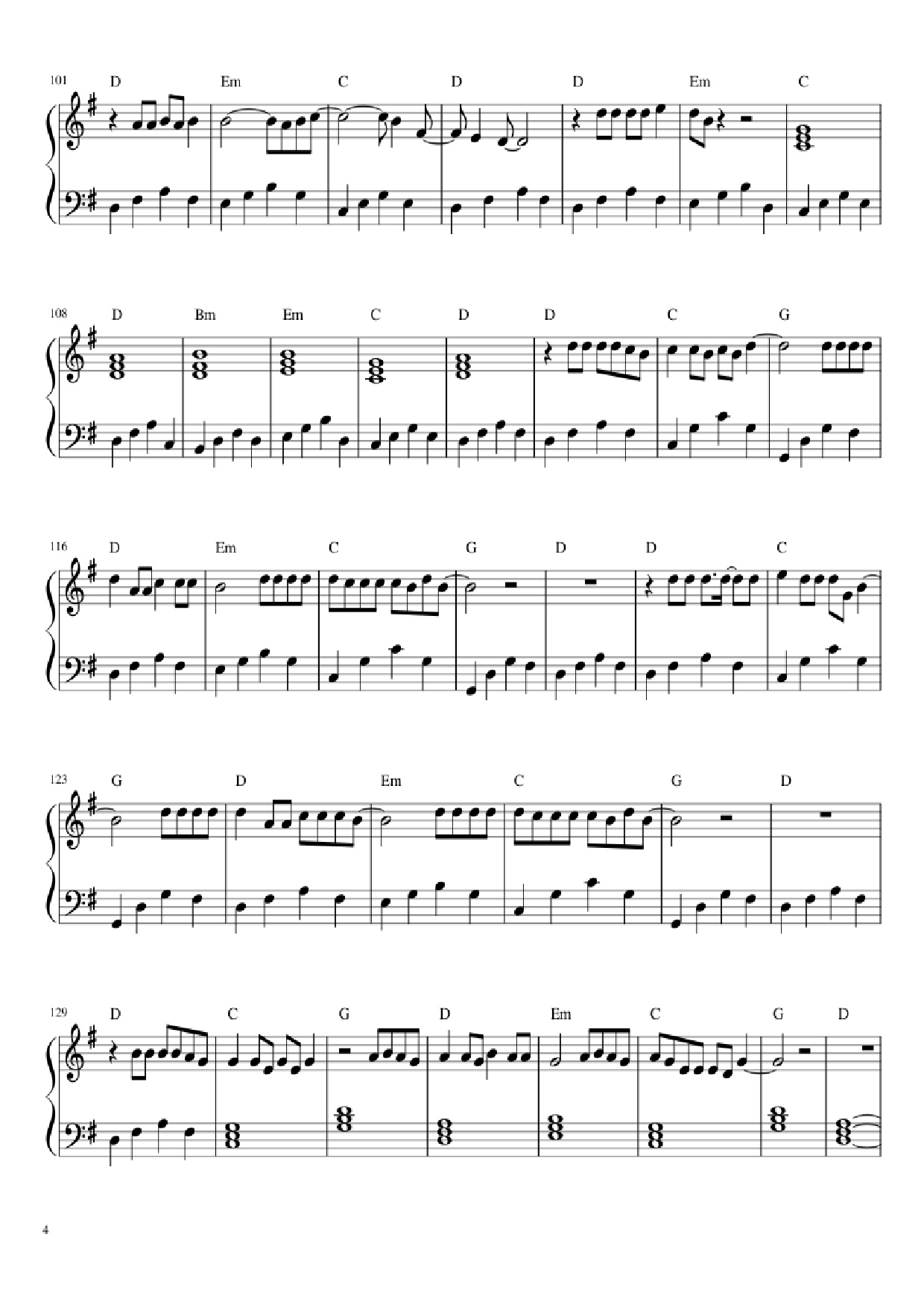 Page 4 of the piano sheet music PDF Piano – Let her go Piano by Passenger