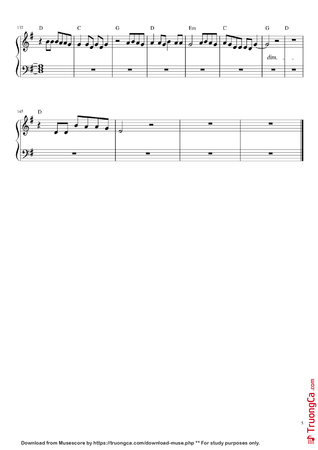 Page 5 of the piano sheet music PDF Piano – Let her go Piano by Passenger